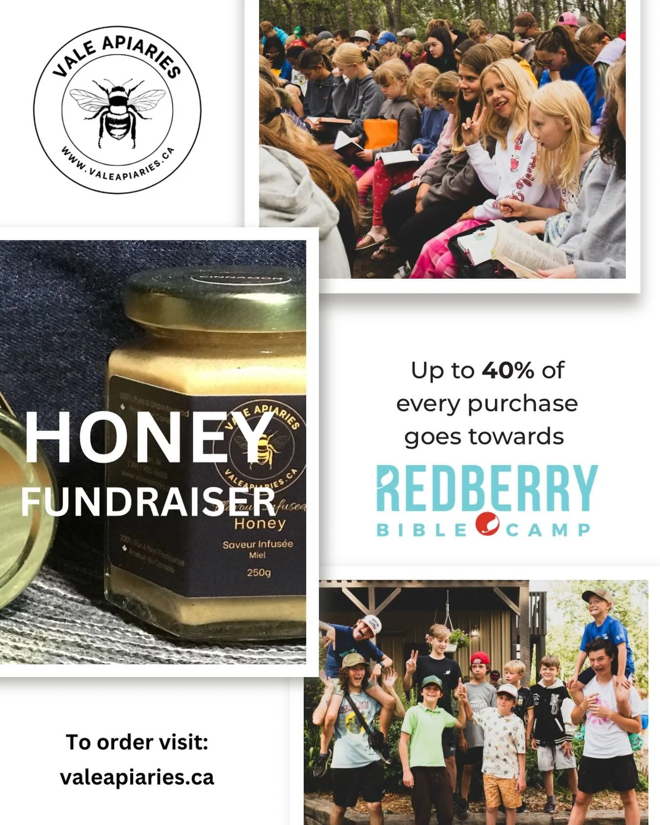 Is your stash of honey looking a little thin?! Maybe it is time to buy some more!! Check out their website for what&rsquo;s available. Some of the proceeds may go to Redberry. 

#redberrybiblecamp #valeapiaries #honey