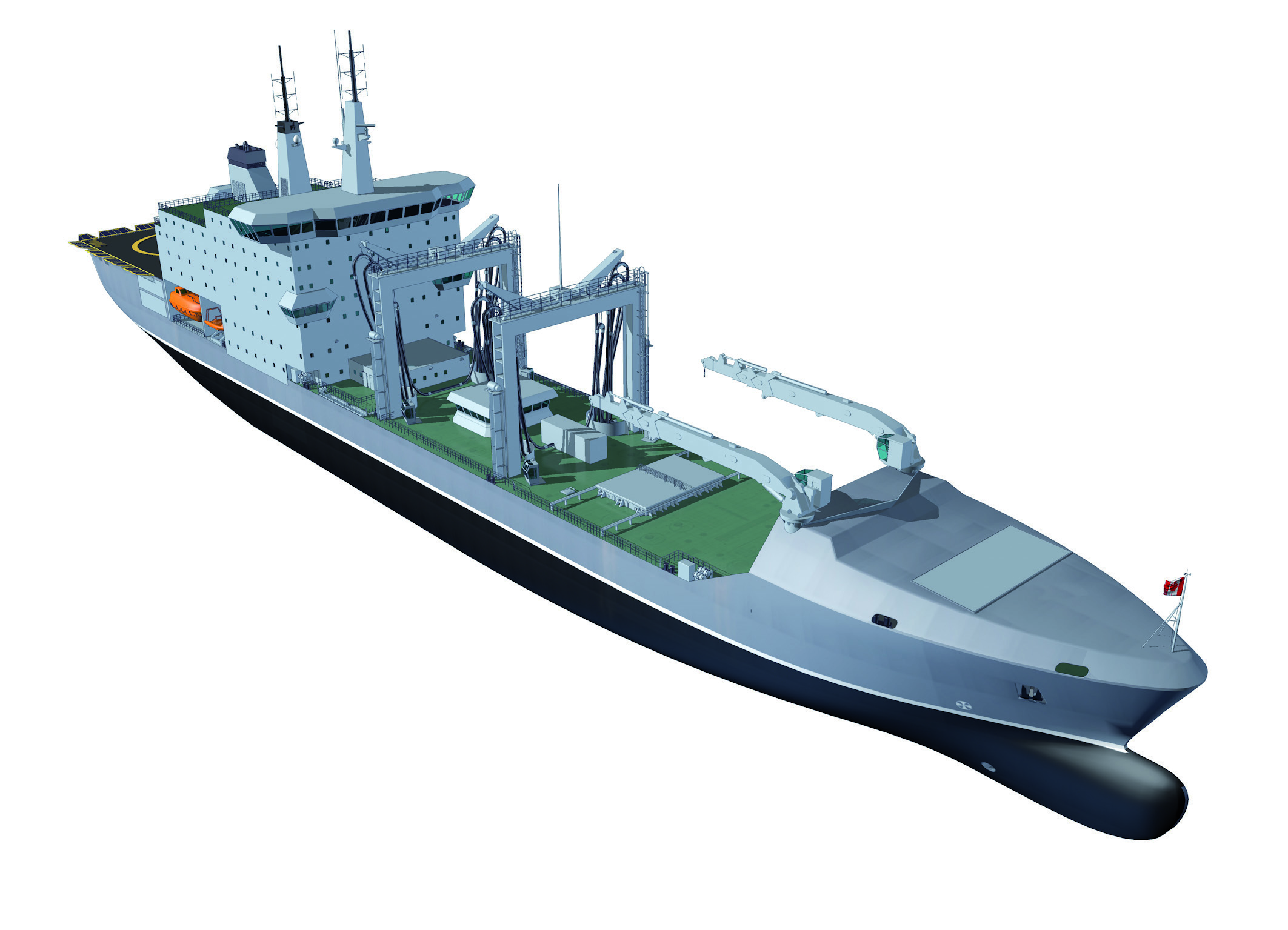 After it's converted, the Asterix will be able to accomodate a crew of 200 and land helicopters on its deck. The commercial container space will be converted into fuel tanks so the ship can resupply the fuel needs of Canadian ships on deployment. It will also deliver food and water, spare parts and any other supplies needed. (Davie)