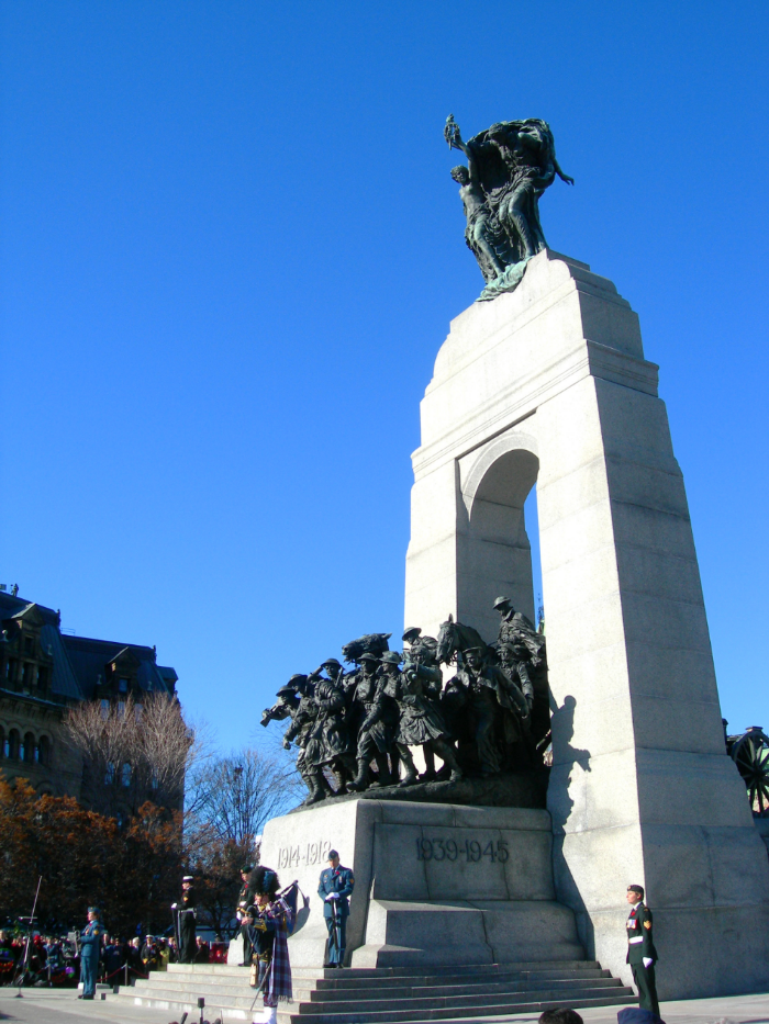 The National War Memorial, also known as "The Response," is a cenotaph symbolizing the sacrifice of all Canadian Armed Forces personnel who have served Canada in time of war in the cause of peace and freedom-past, present and future. The memorial is the site of the national Remembrance Day Ceremony every November 11. 