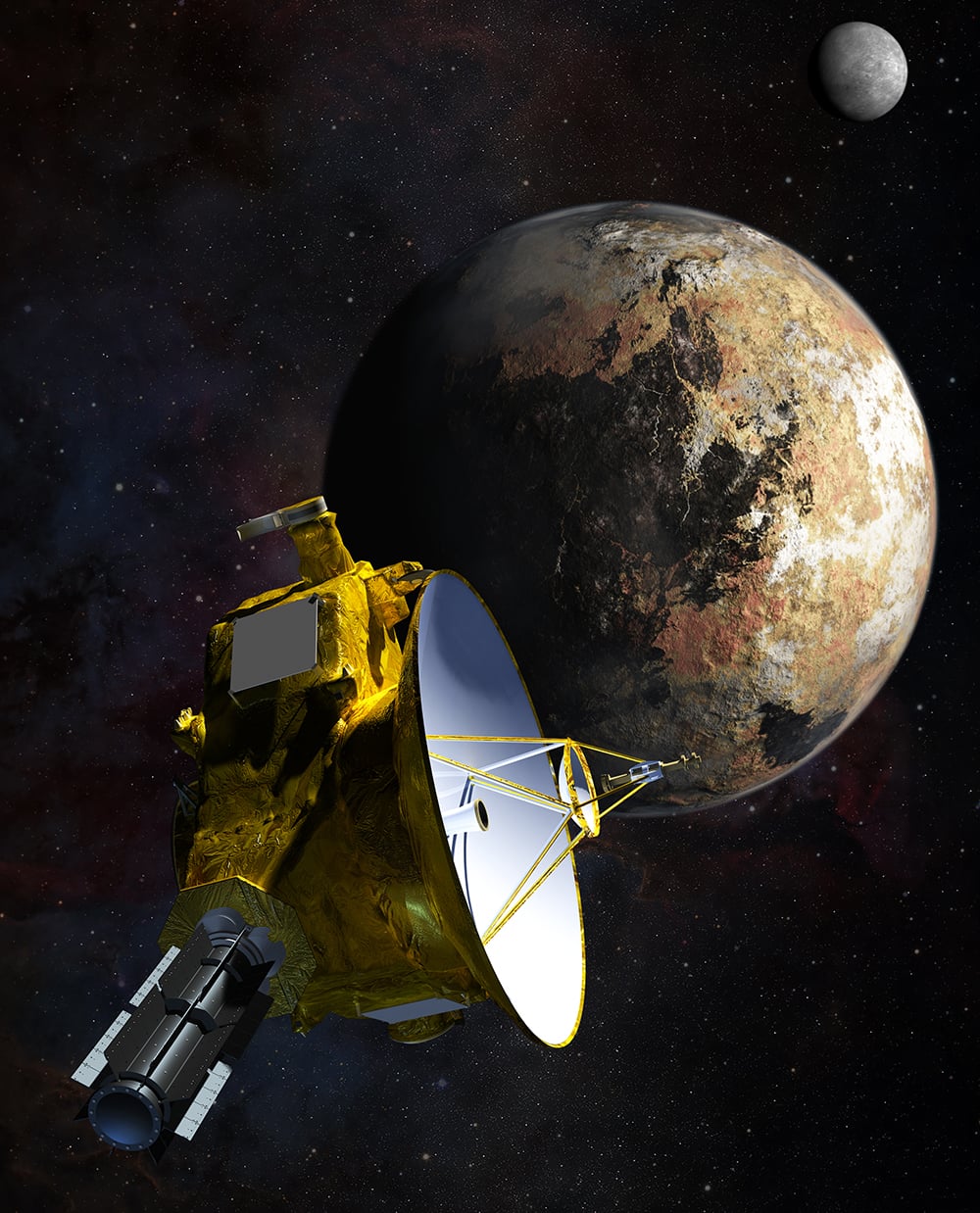 An artist's depiction of the New Horizons' proximity to Pluto and Charon. (wikipedia)