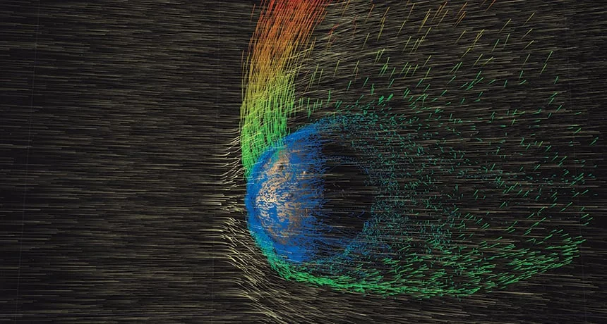 Solar winds displacing ions of Martian atmosphere. (NASA Scientific Visualization Studio) 