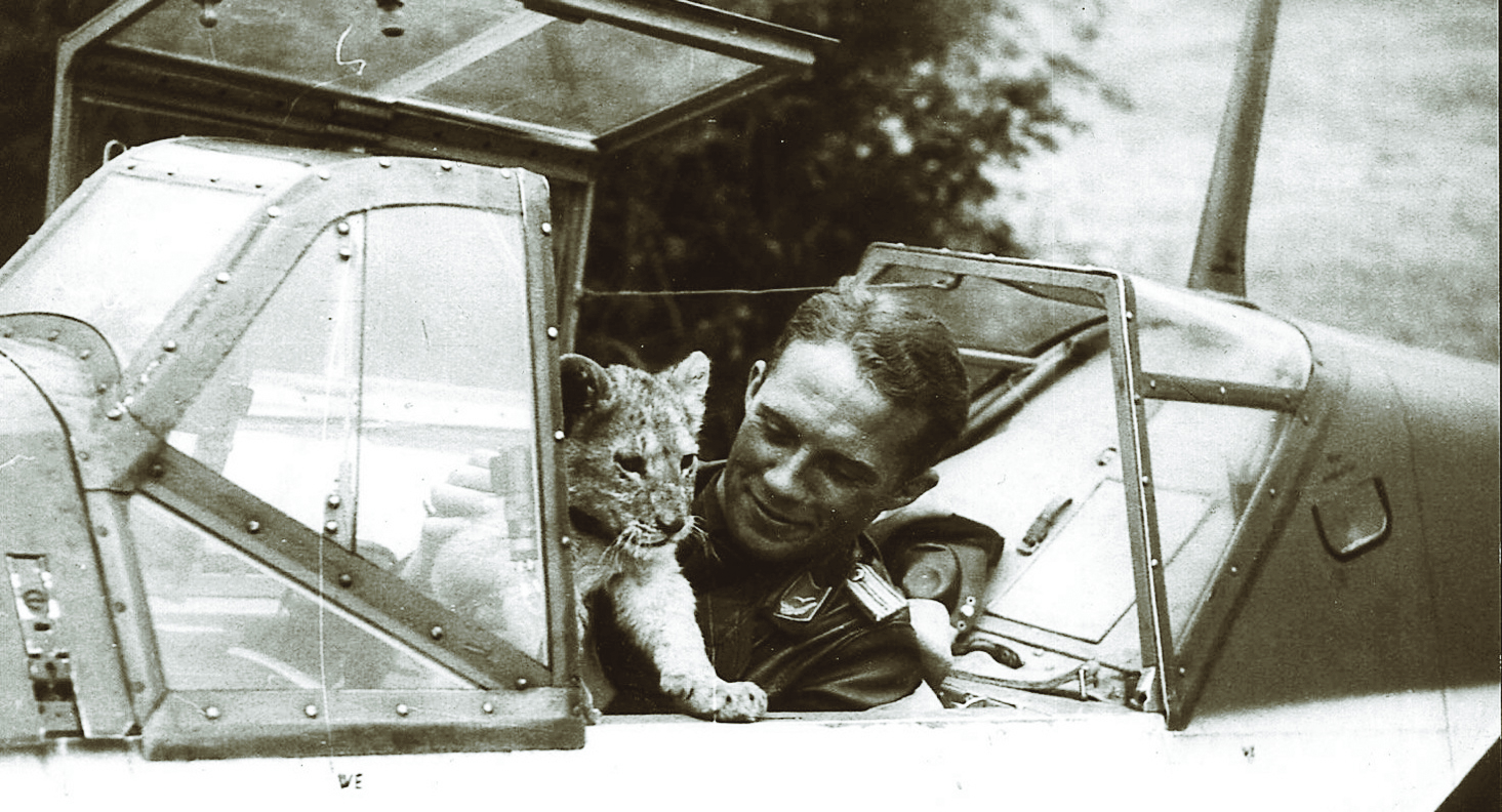 Luftwaffe Oberleutnant Franz Xaver Baron Von Werra and Simba, his pet lion cub, in the cockpit of his famous Messerschmitt Bf 109. Von Werra was shot down over Kent, England, on September 5, 1940 and taken prisoner. After multiple successful yet short-lived escape attempts, he was to be transferred with other German prisoners to a newly built prisoner of war camp on the shore of Lake Superior. 