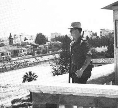 Frank Reid on guard duty at the Ledra. 