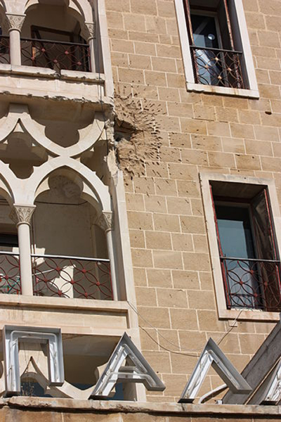 Mortar round hit on the Ledra Palace Hotel. (James Humpheys)