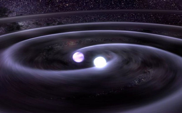 An artist`s depiction of the destruction of a binary system of dwarf stars where the dwarf stars produce gravitational waves by orbiting each other. ( DANA BERRY/NASA )