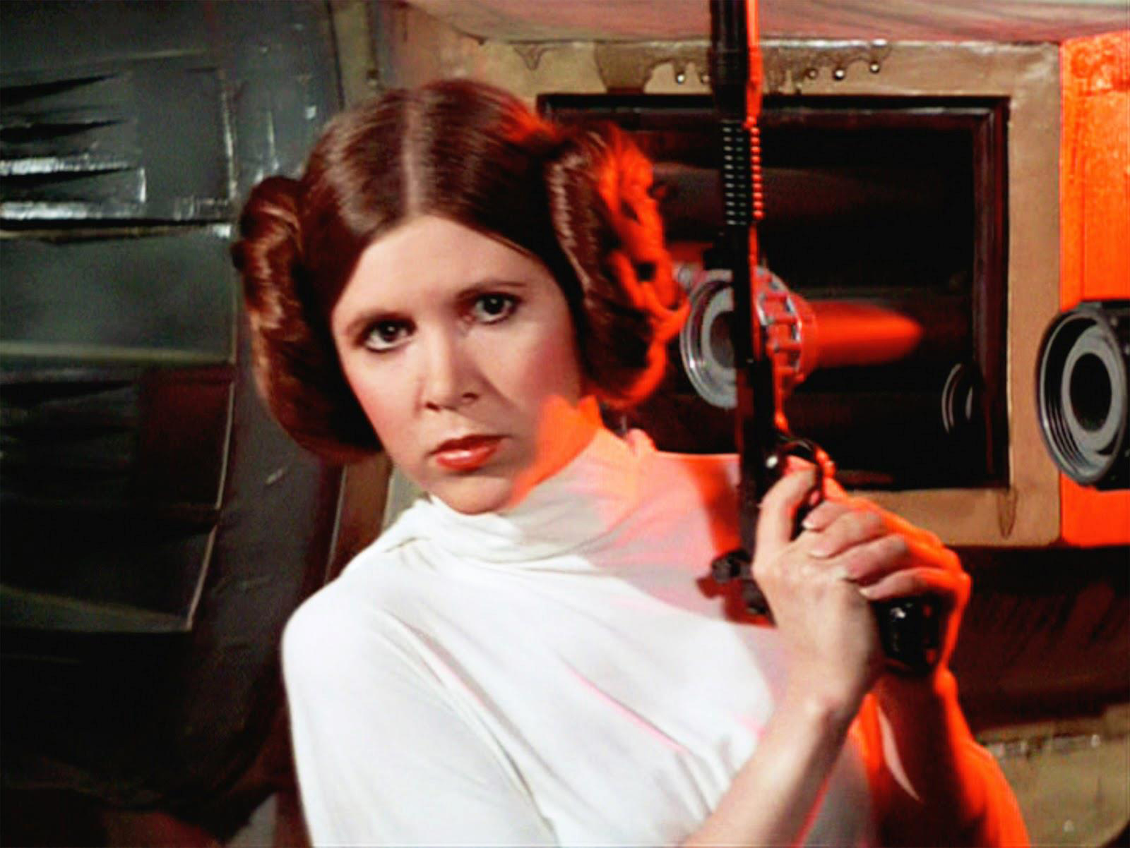 Actor, author, humourist, Carrie Fisher will be tied to Star Wars' iconic Princess Leia. (still from the 1977 original Star Wars film)