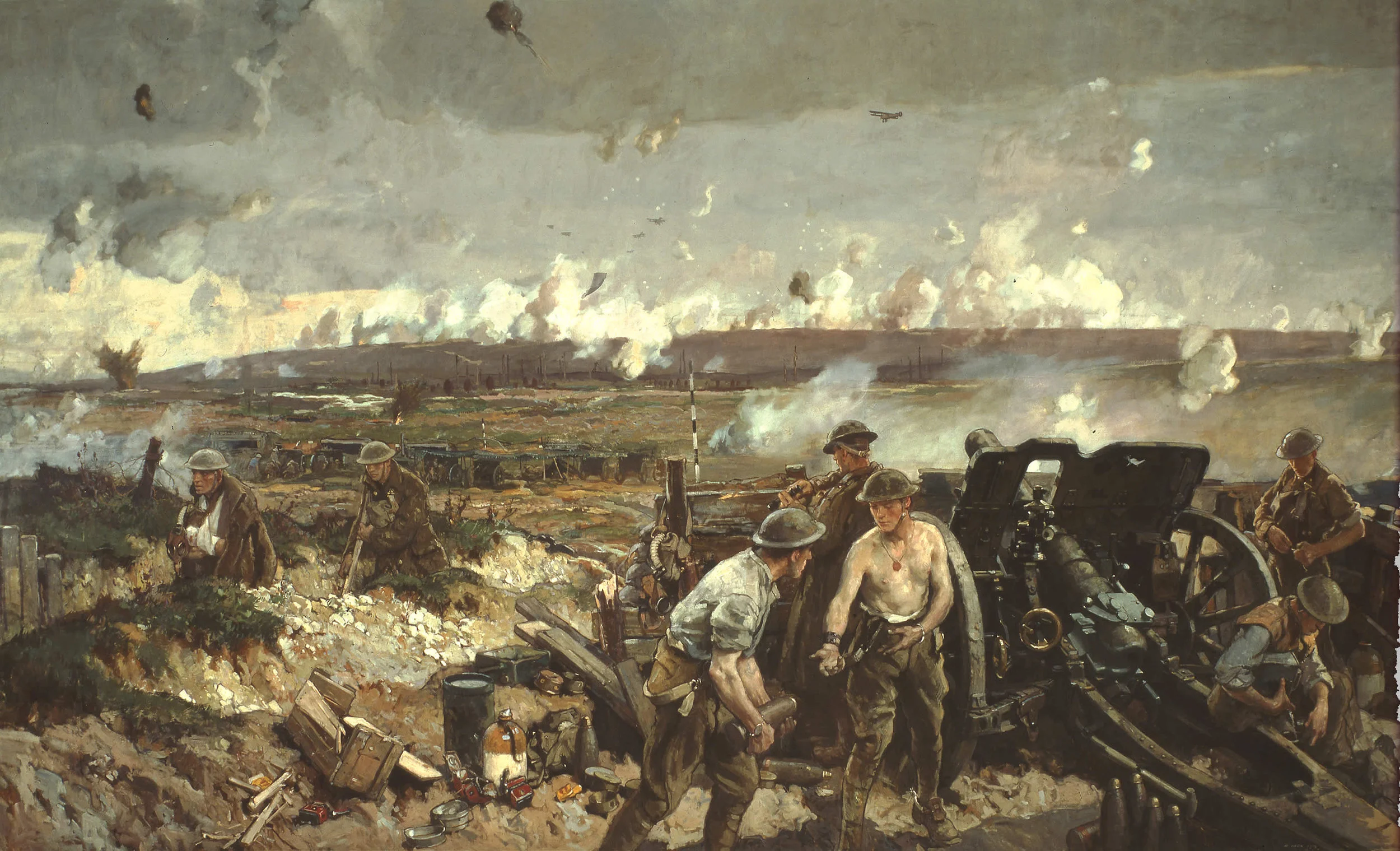 “The Taking of Vimy Ridge, Easter Monday 1917.” Richard Jack was the first Canadian official war artist, appointed in 1916. In this painting, he depicts the crew of an 18-pounder field gun firing at German positions on Vimy Ridge. To the left, wound…