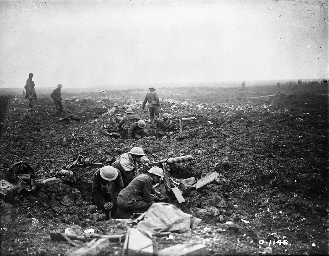 German battle doctrine called for immediate and powerful counterattacks when a position was lost. Canadian machine gunners use shell holes as gun pits for their water-cooled Vickers Mk 1 machine guns as they prepare to hold and consolidate atop Vimy…