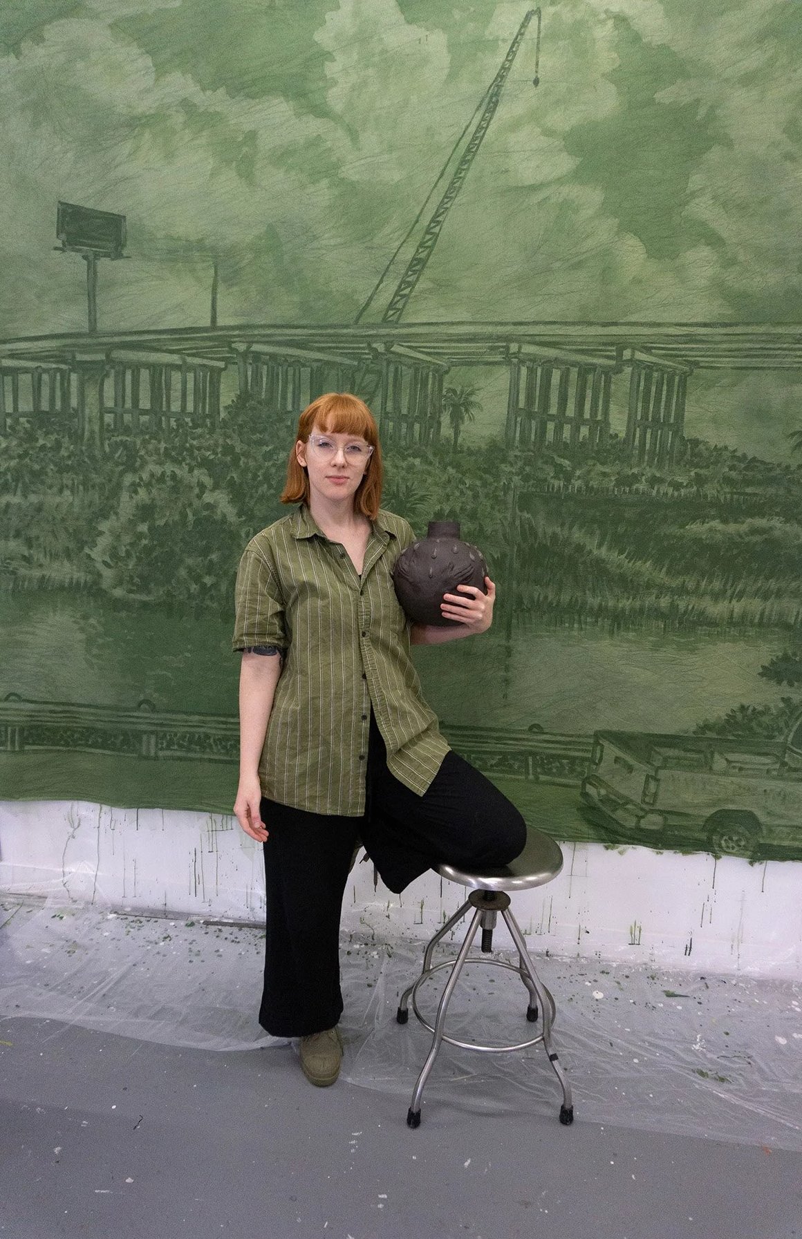 sarah welch, backdrop painting, installation, ceramics, bemis center