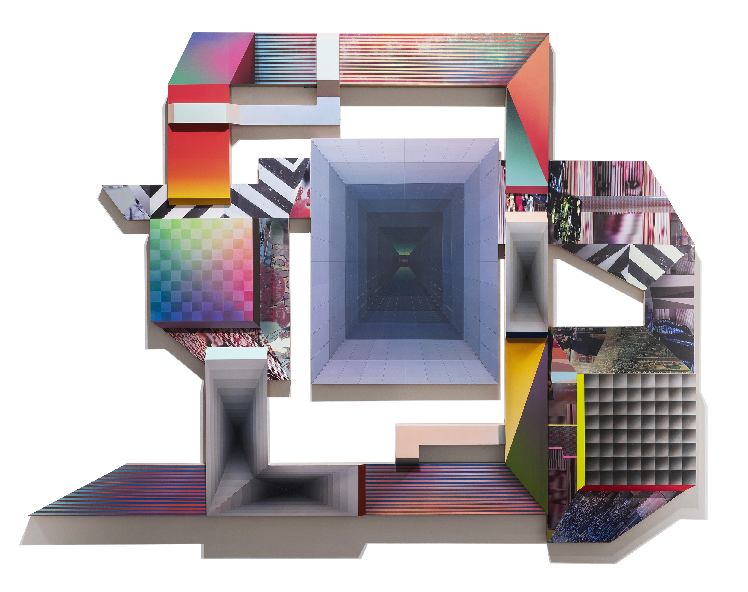 Escaping Infinite Regress in the Absence of Absolutes 2018, Acrylic paint and vinyl on shaped wood panels 93”x71”x4”