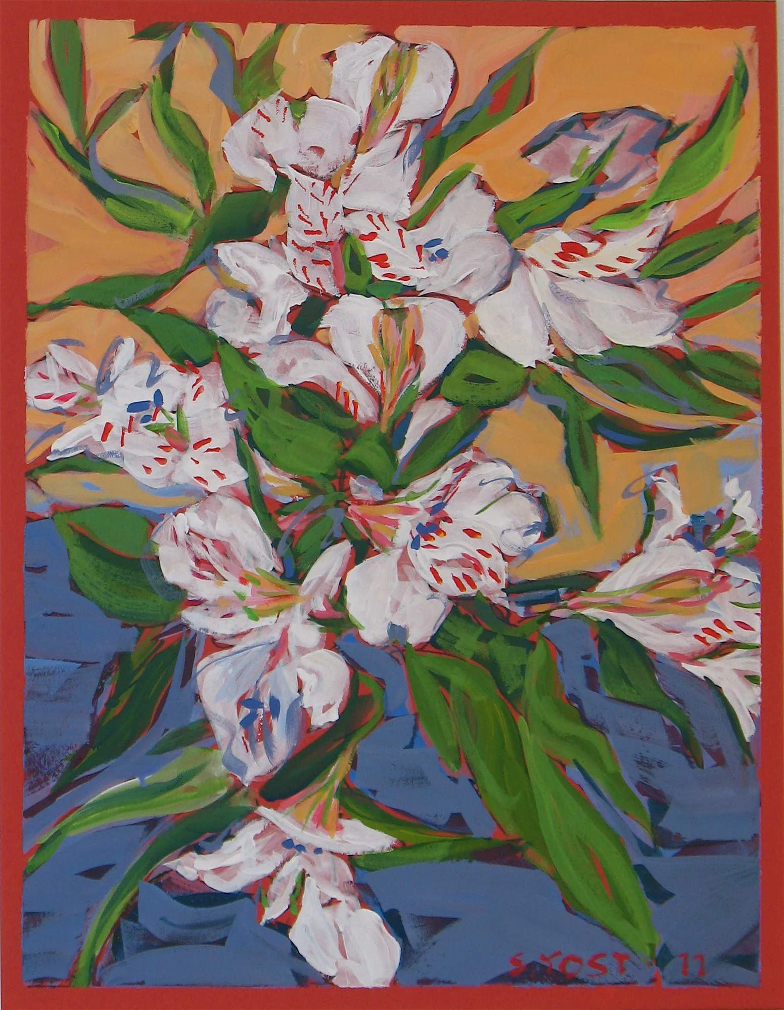 White Flowers on Orange and Blue
