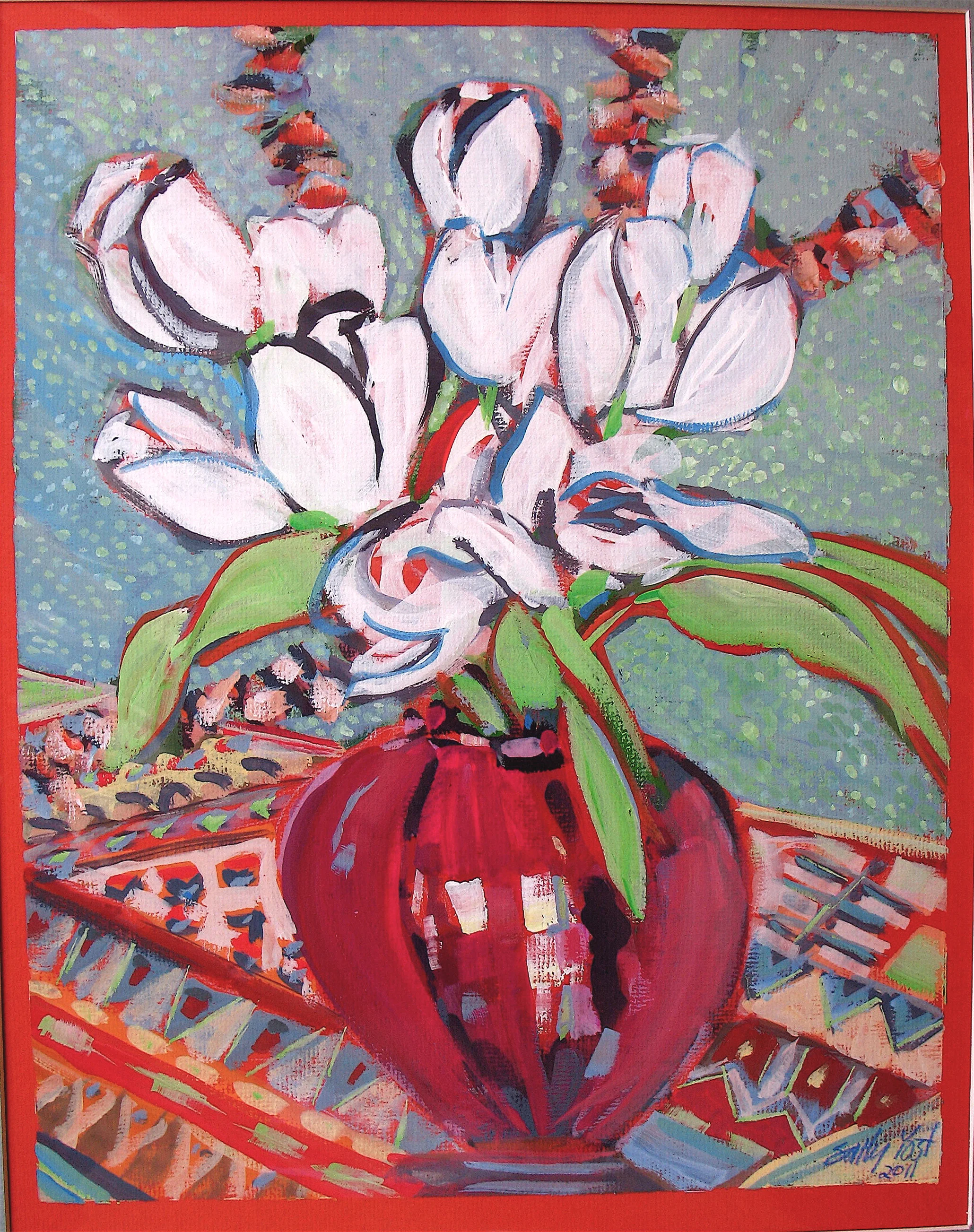 White Tulips, Red Vase