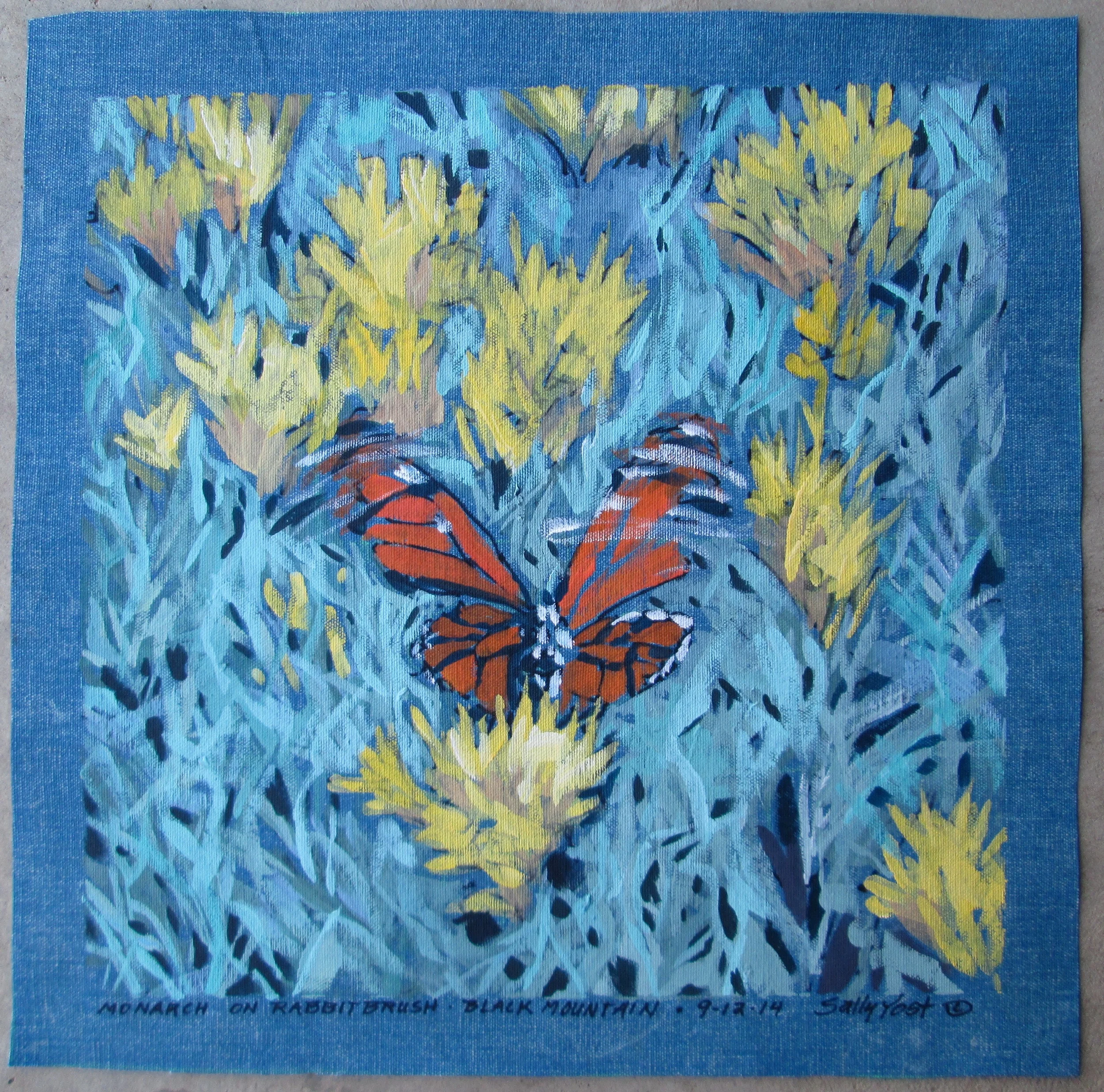 Monarch on Rabbitbrush, Black Mountain, 12x12, Gouache on Recycled Circus Tent Canvas, $400