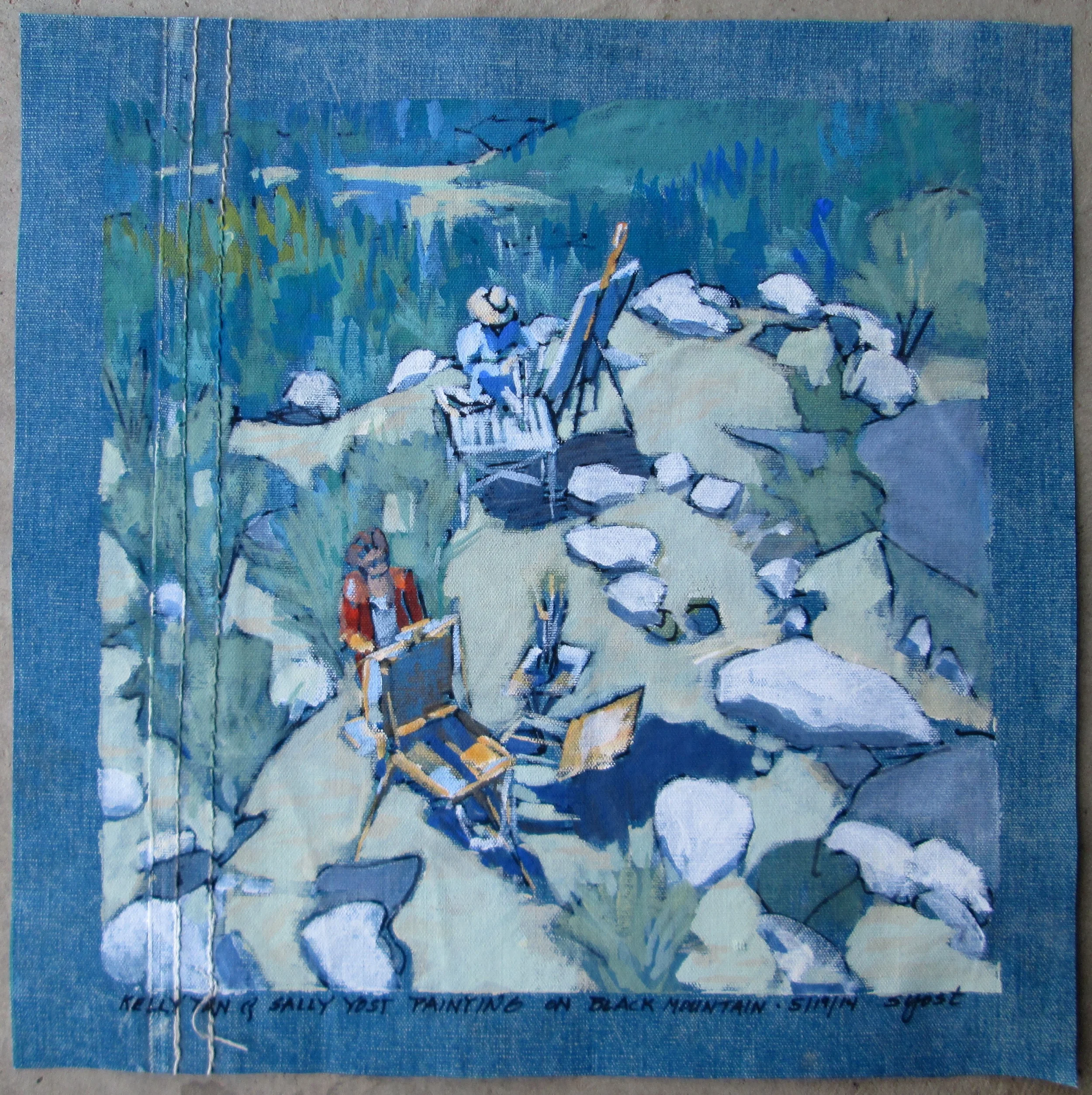 Sally and Kelly painting at Black Mountain Lookout, 12x12, Gouache on Recycled Circus Tent Canvas, Sold