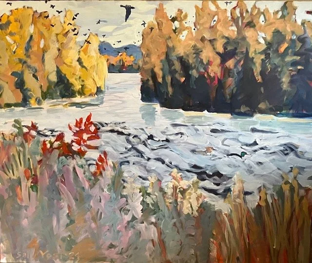 Crows flying up the Willamette River