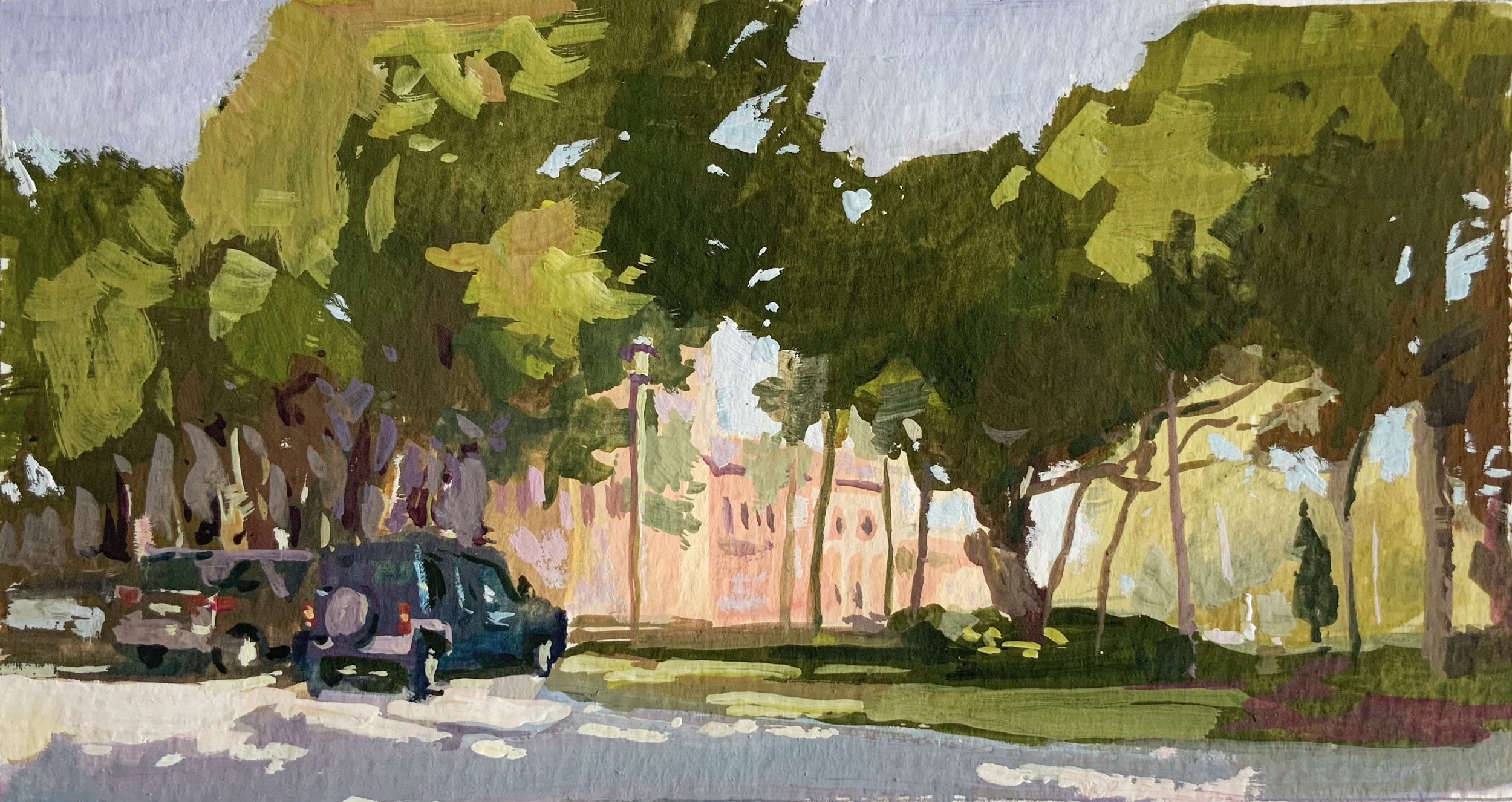 Ca d'Zan Parking Lot, gouache on paper, 7x3.5”, 2019