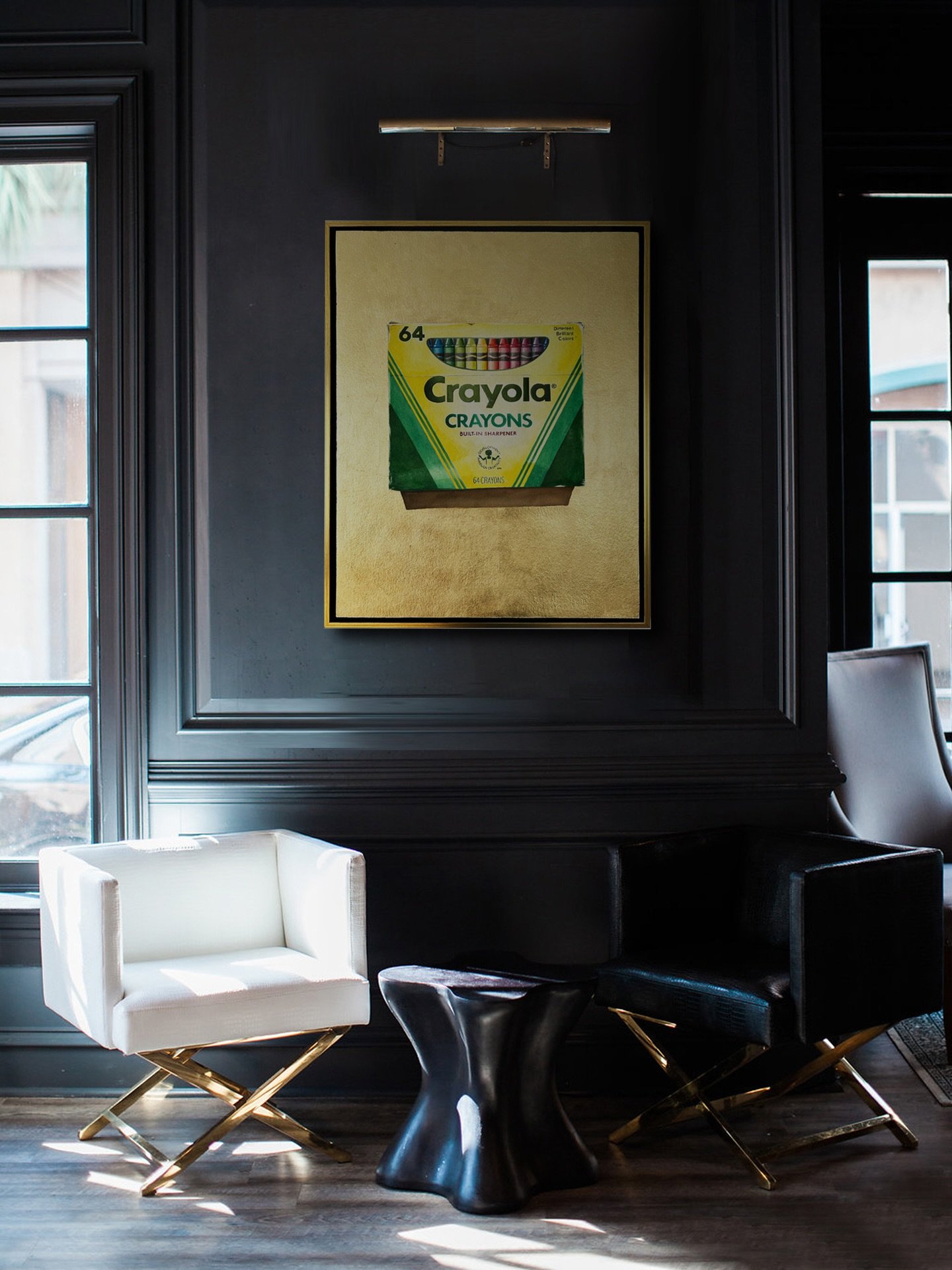 Proof that sophistication doesn&rsquo;t have to be sterile. My Crayola inspired pop art painting in an all-black modern space adds just enough nostalgia and color to keep the room alive. Fun art belongs in grown-up interiors&mdash;especially when the