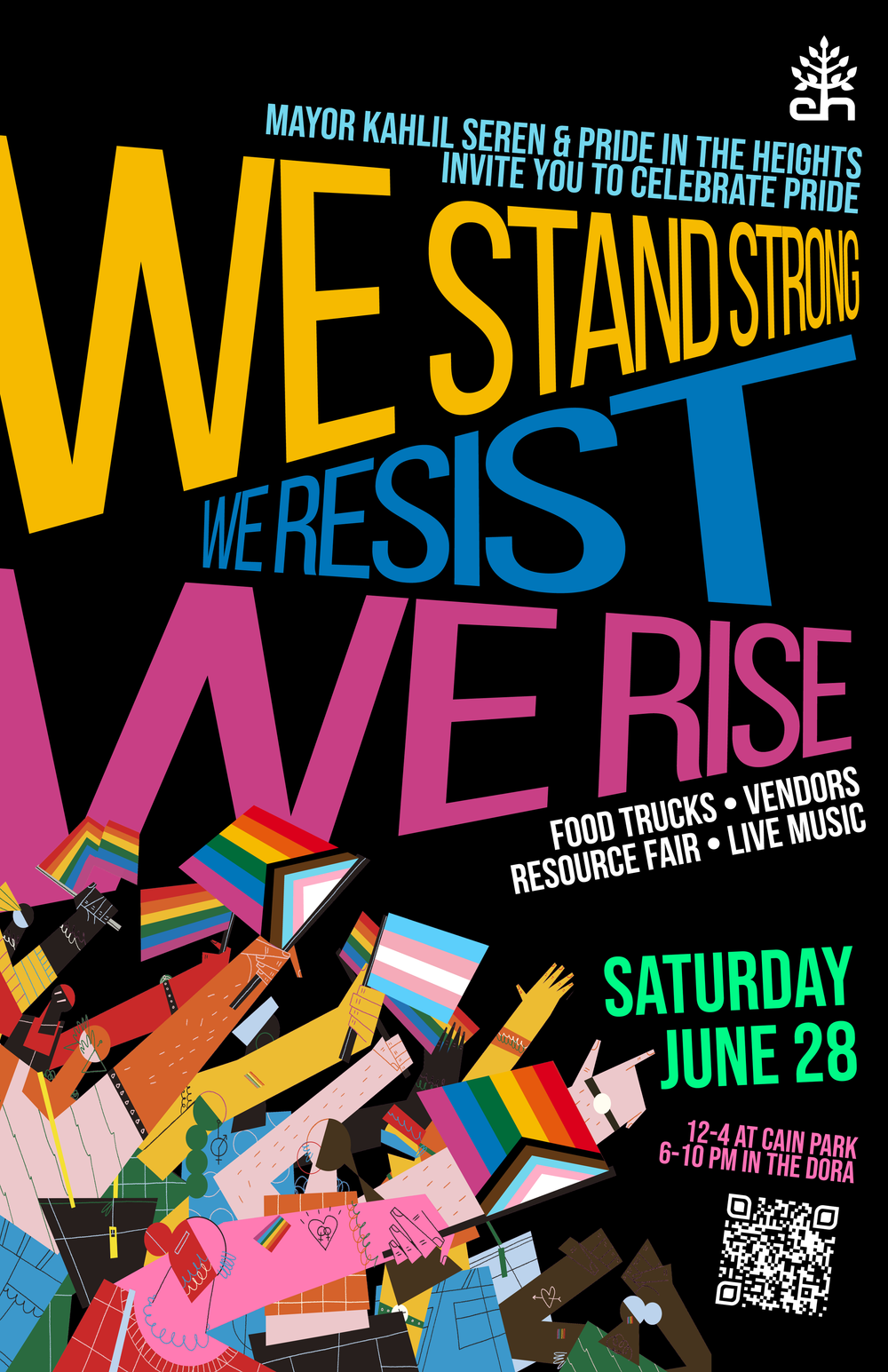 Pride in the Park campaign poster with the phrase We Stand, We Resist, We Rise