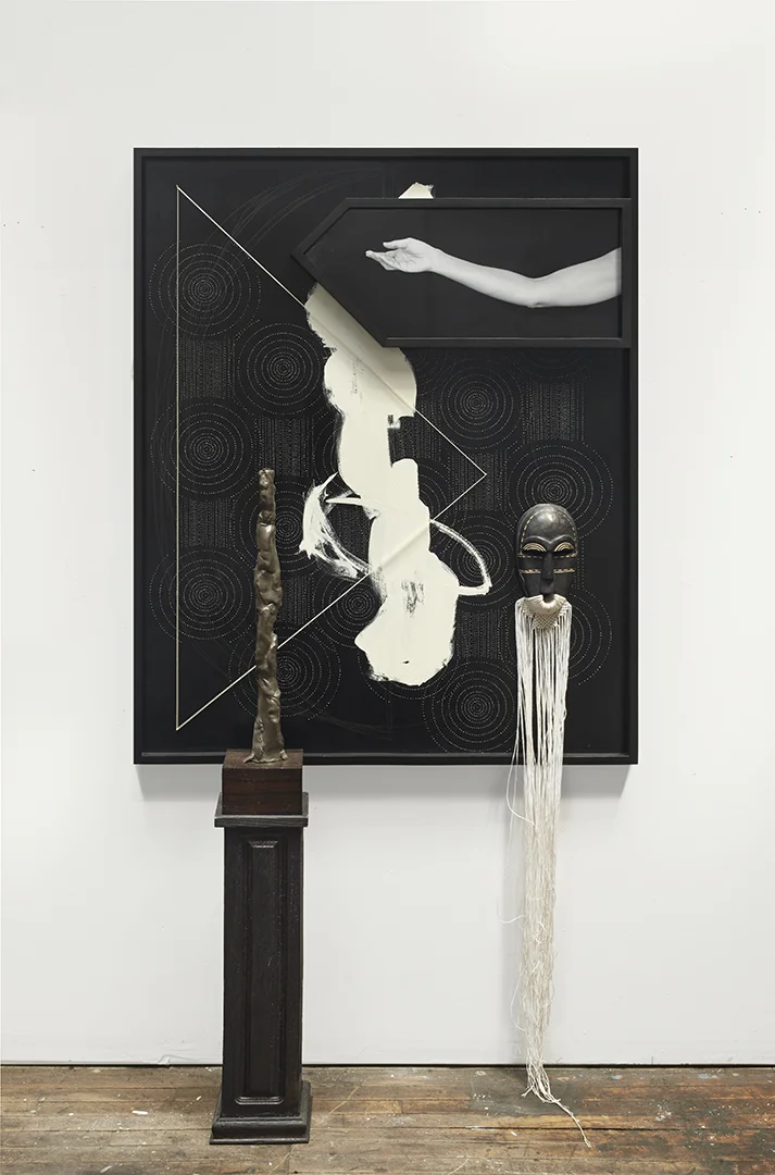 Archival dye transfer print, framed silver gelatin print, acrylic, graphite, found mask, macrame, string, nails, bronze sculpture mounted to wood, wood base. Wall component 50x60 inches 2016
