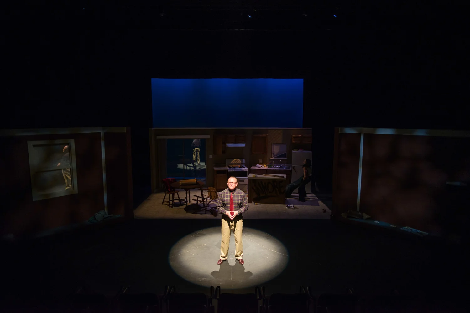 "The technical components of this show should also be lauded for creating a sense of realism and detail that is rarely afforded to theatre-goers in Austin. The lighting was tonally appropriate, creating the perfect atmosphere of a dimly lit home and an overly clean car dealership. In addition, the set design marvels in its simplicity- it's made to look like an everyday, cookie cutter house, and it succeeds to the last detail." Broadway World Review, 6/25/2014