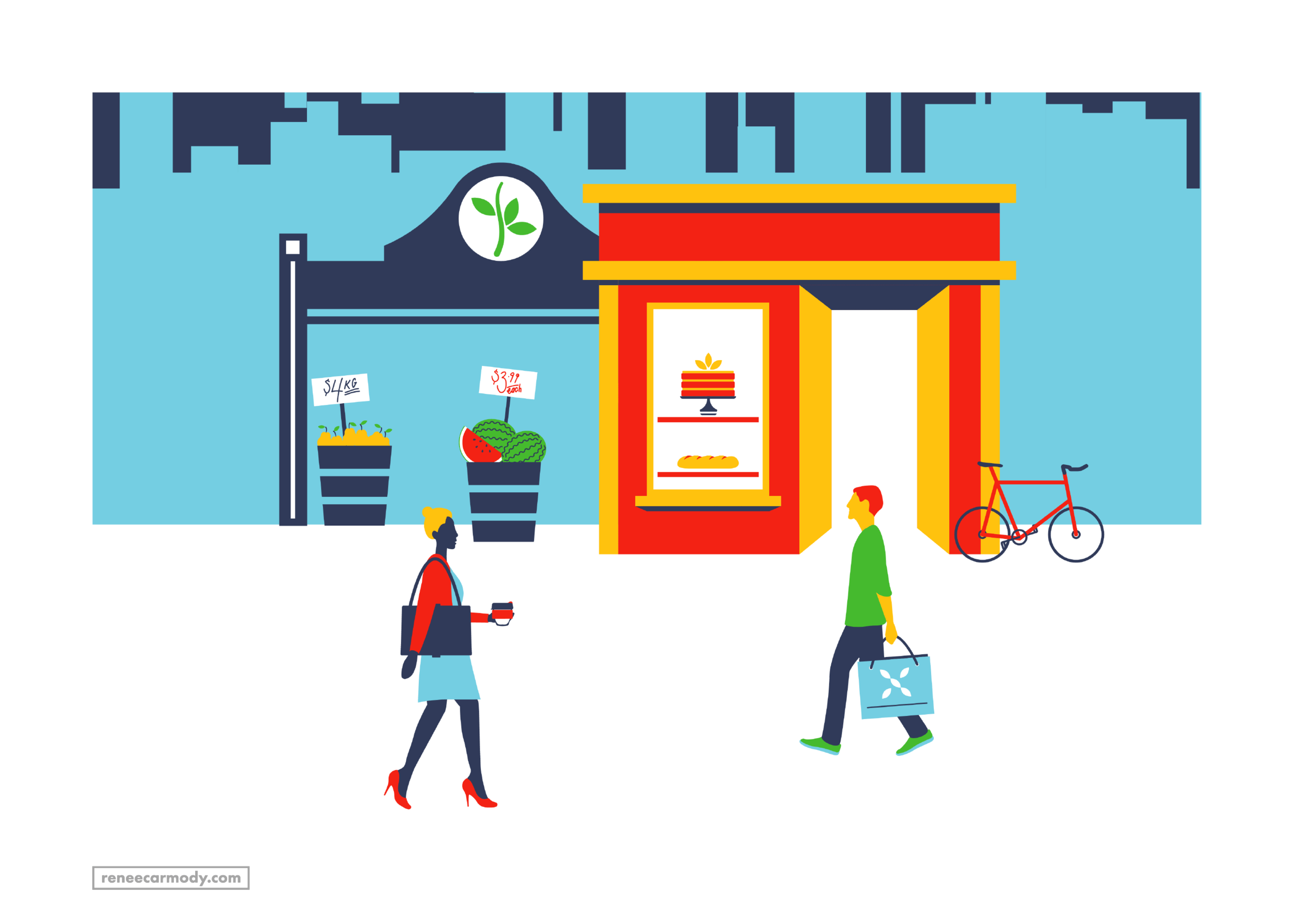 Shopping and market illustration by Renee Carmody Design for Flourish Parkside, comissioned by Savi Communications—www.reneecarmody.com