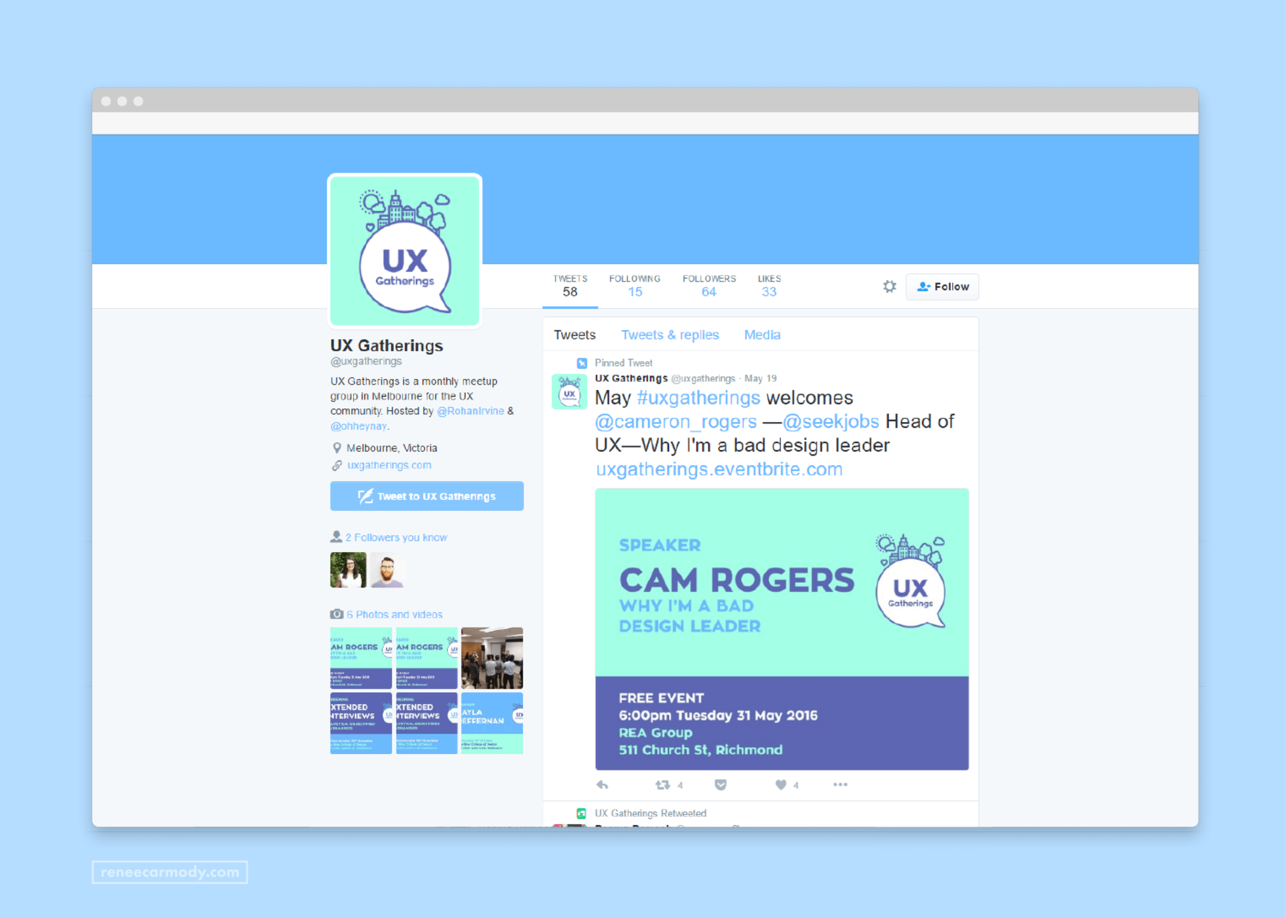 Twitter and social media design for UX Gatherings by Renée Carmody Design.