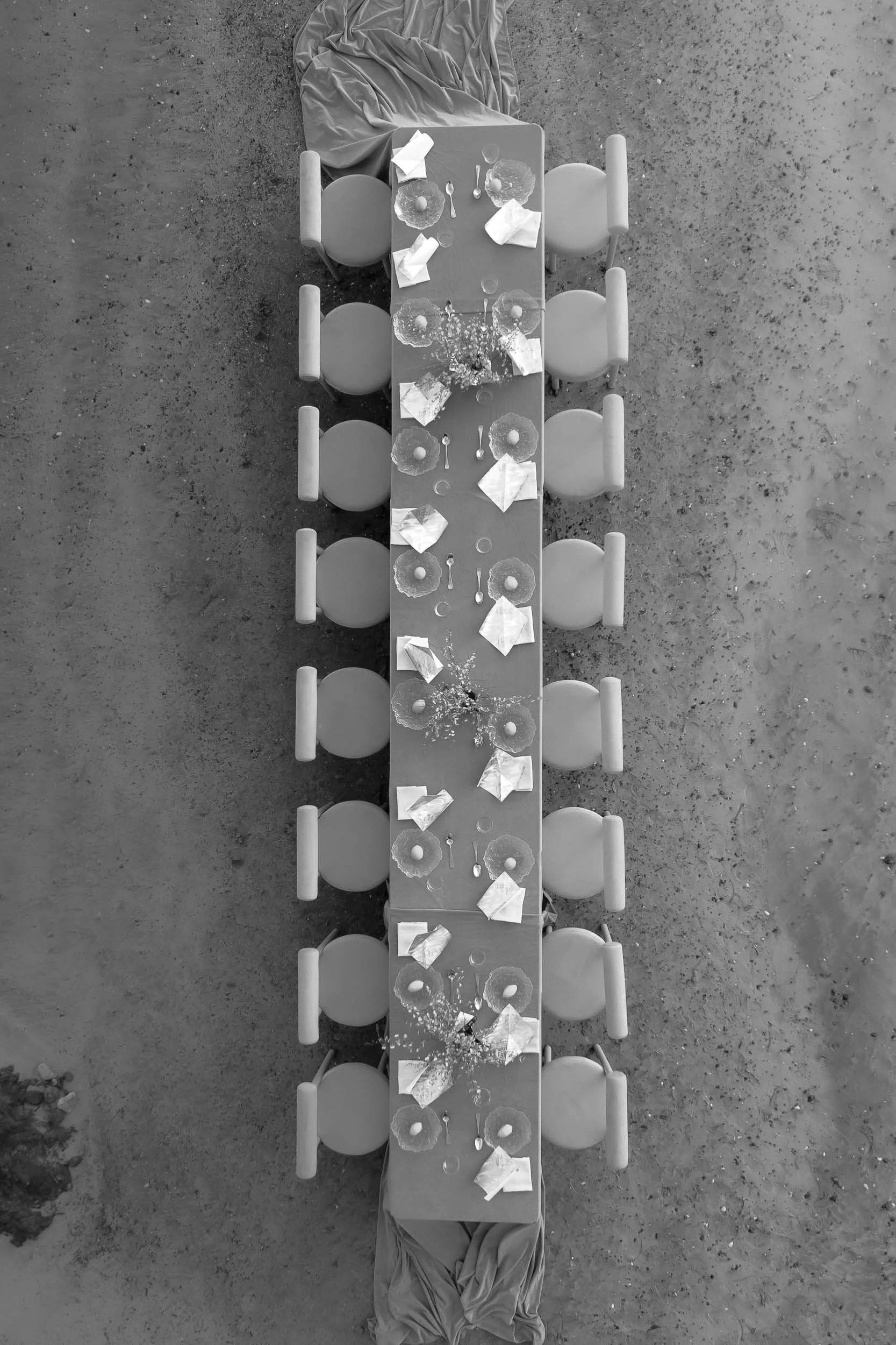 Top Down Drone Aerial angle of Small Wedding Destination Table Layout