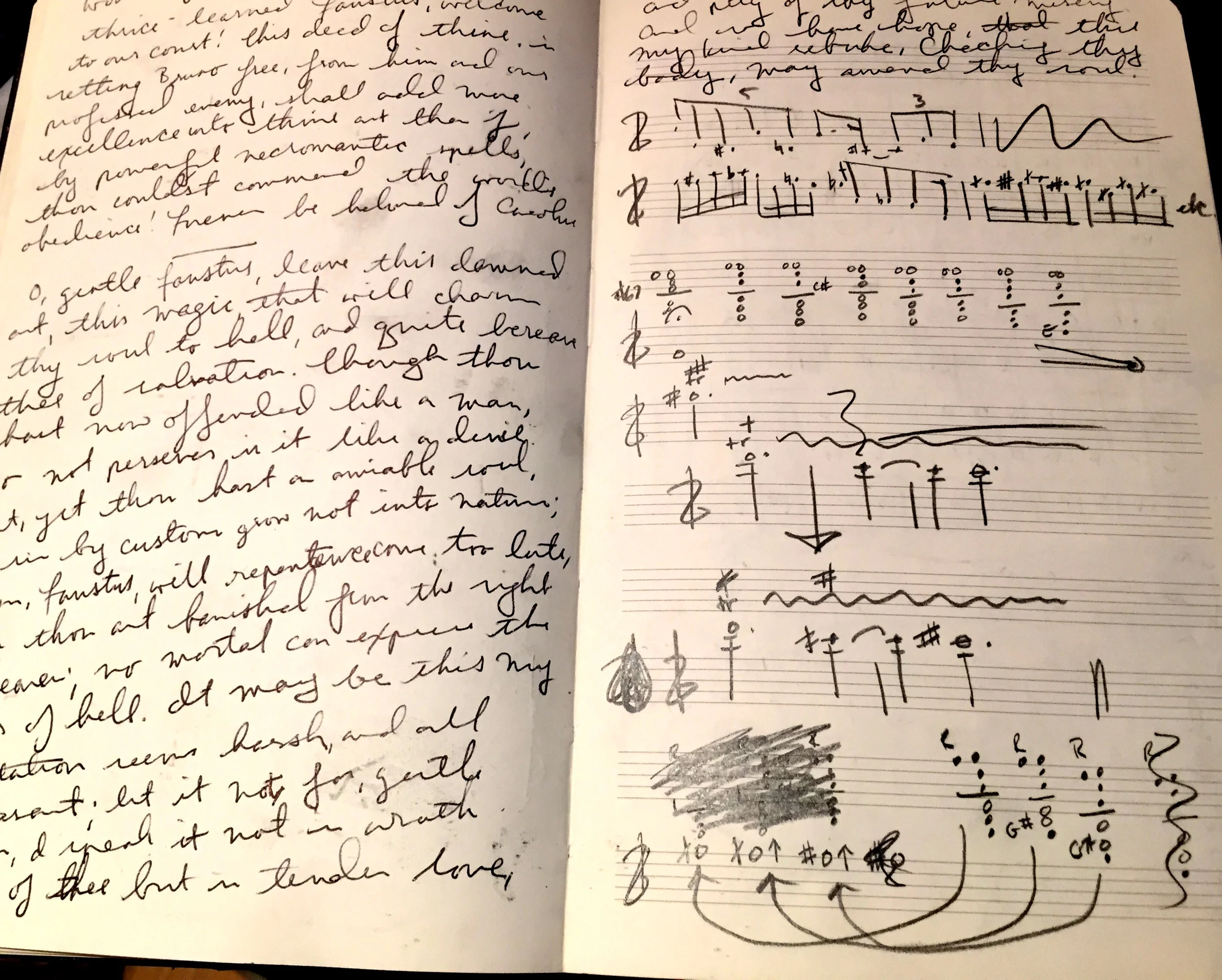 Left: Memorizing lines for Wax Wings Productions' THE TRAGICAL HISTORY OF DOCTOR FAUSTUS; Right: Mapping out clarinet multiphonics for CHARLES & RAY