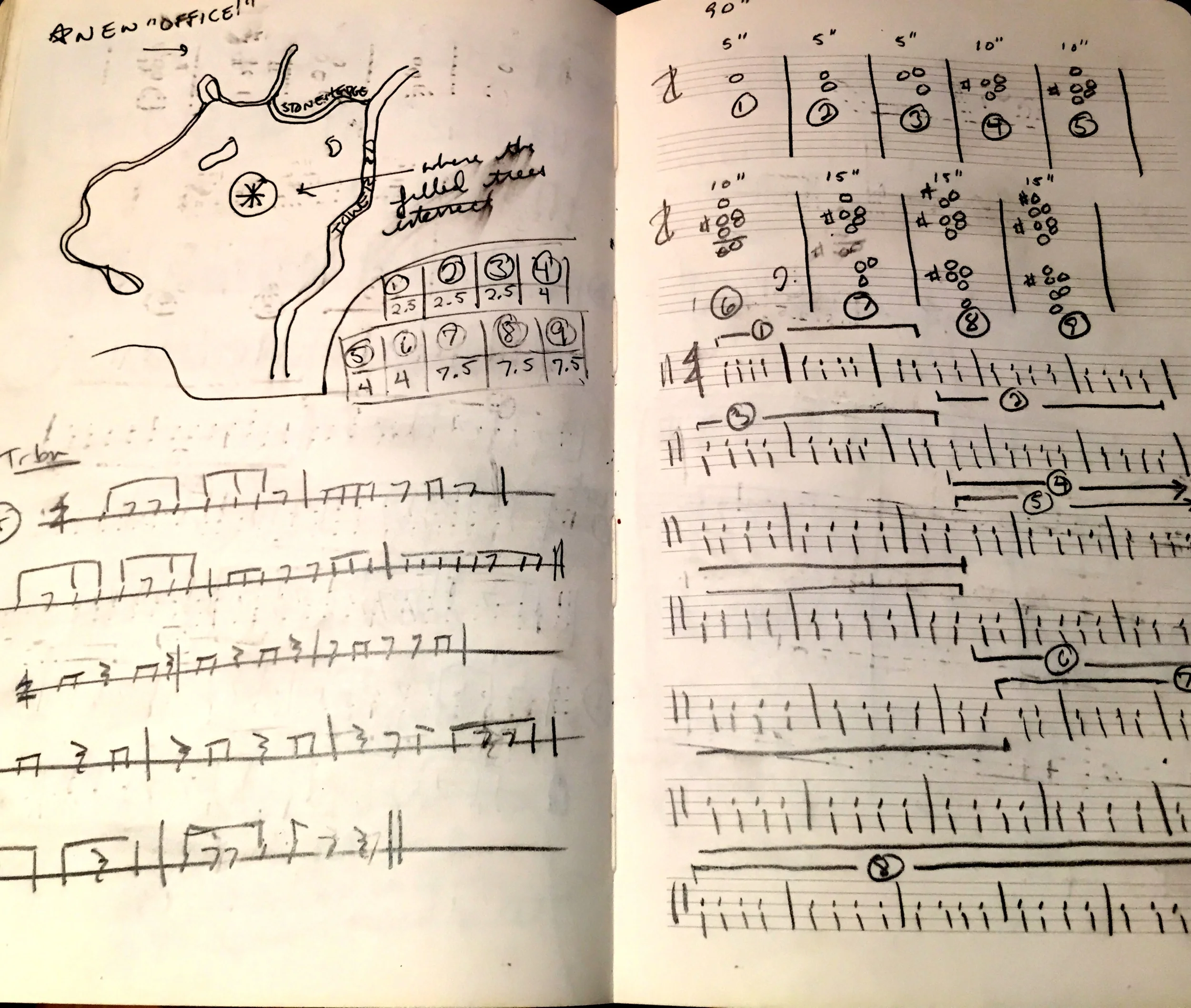 Left: While walking through the Lincoln wilderness, I stumbled upon a new "office" (to which I've returned many times since); Right: Mapping out isorhythmic material for THE TOWER (used in the "winding staircase" section
