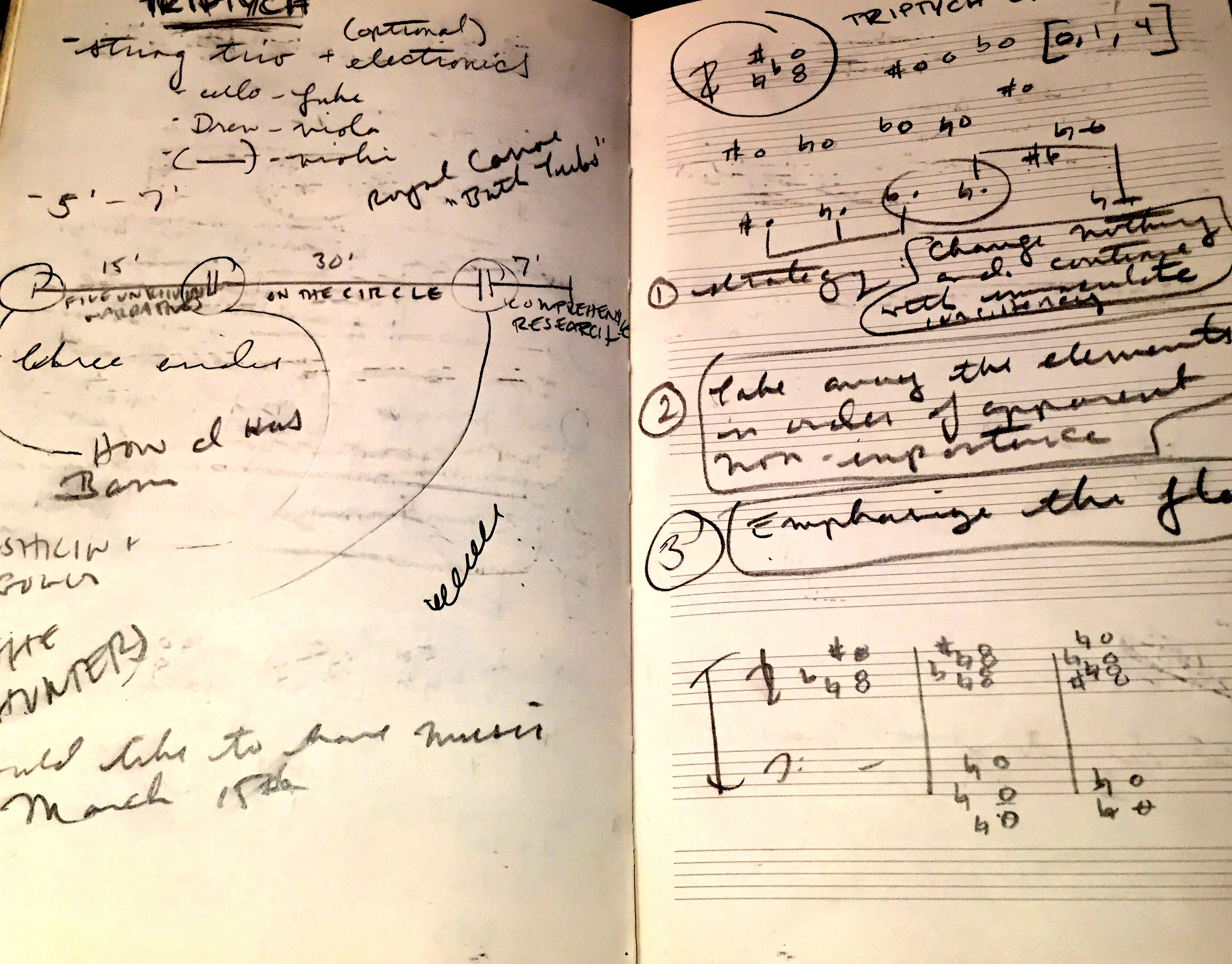 Left and Right: Notes from an especially productive Fifth Floor Collective meeting at a coffee shop in Brighton---we were mapping out our first-ever collaborative composition, TRIPTYCH, about which much more information will be coming soon