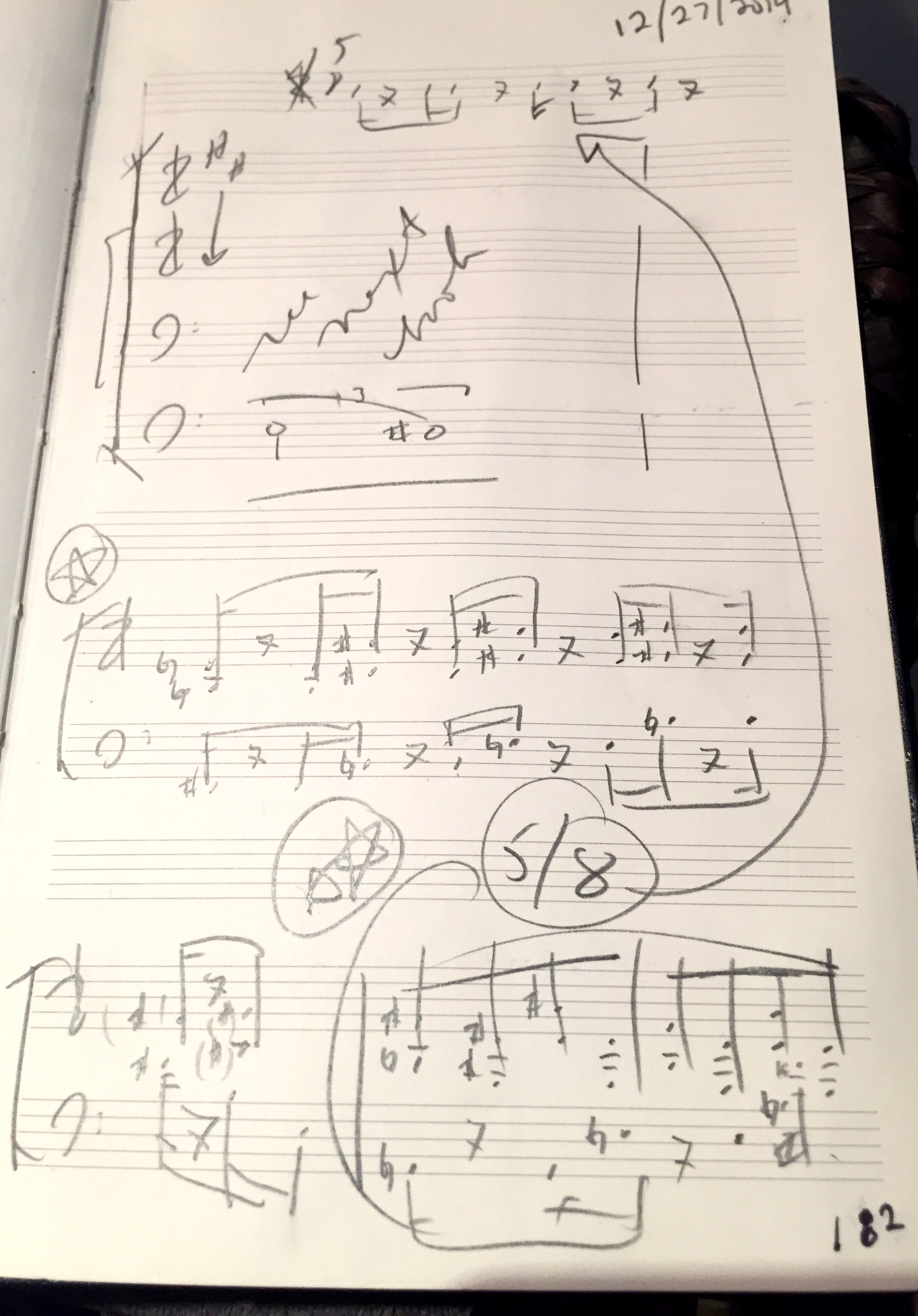 Rounding out the final page---182---of this current notebook: motivic sketches for my upcoming loadbang piece, COME SOON, YOU FERAL CATS. More info on this one coming as well!