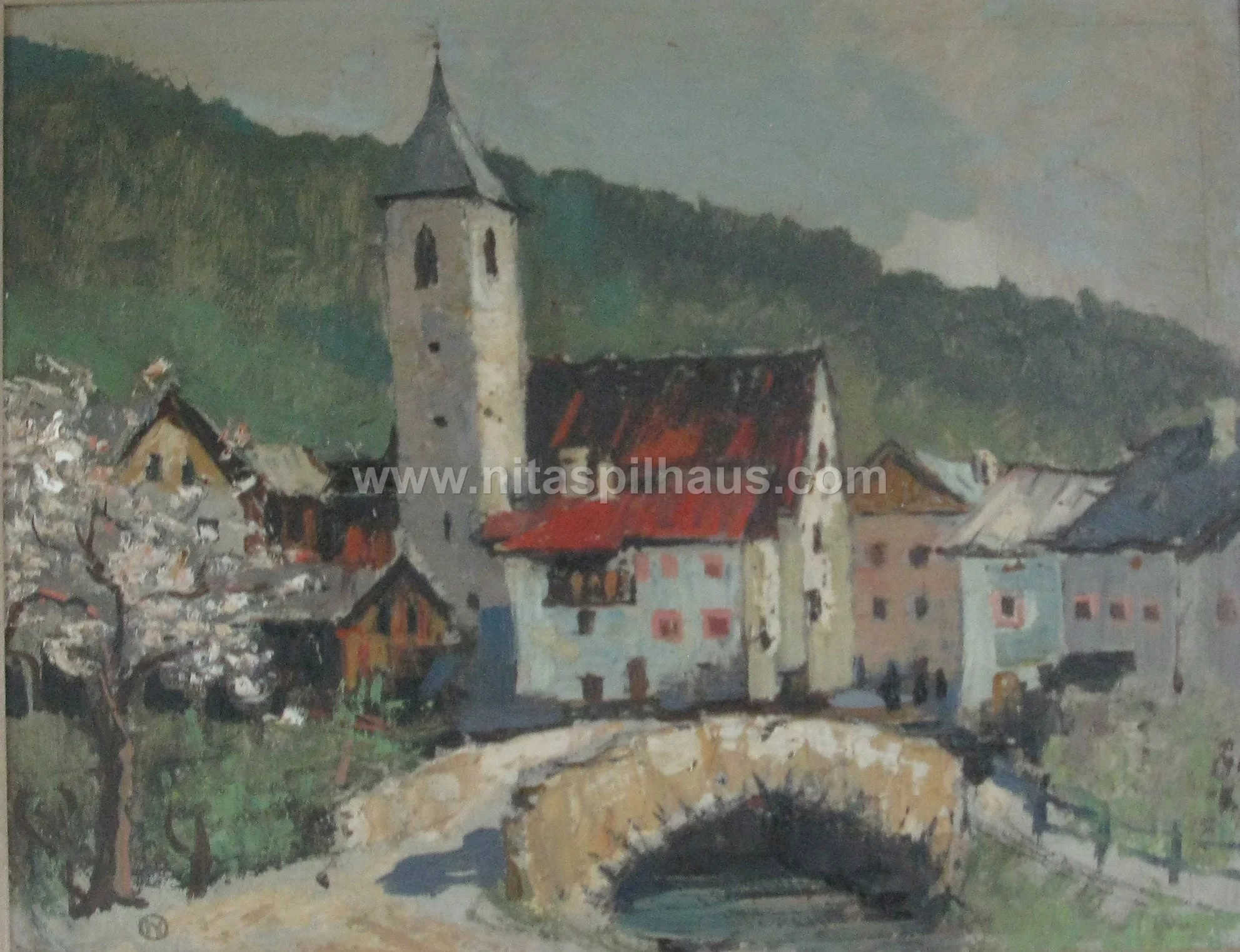 Untitled village and bridge Oil 33cm x 40cm Collector 25