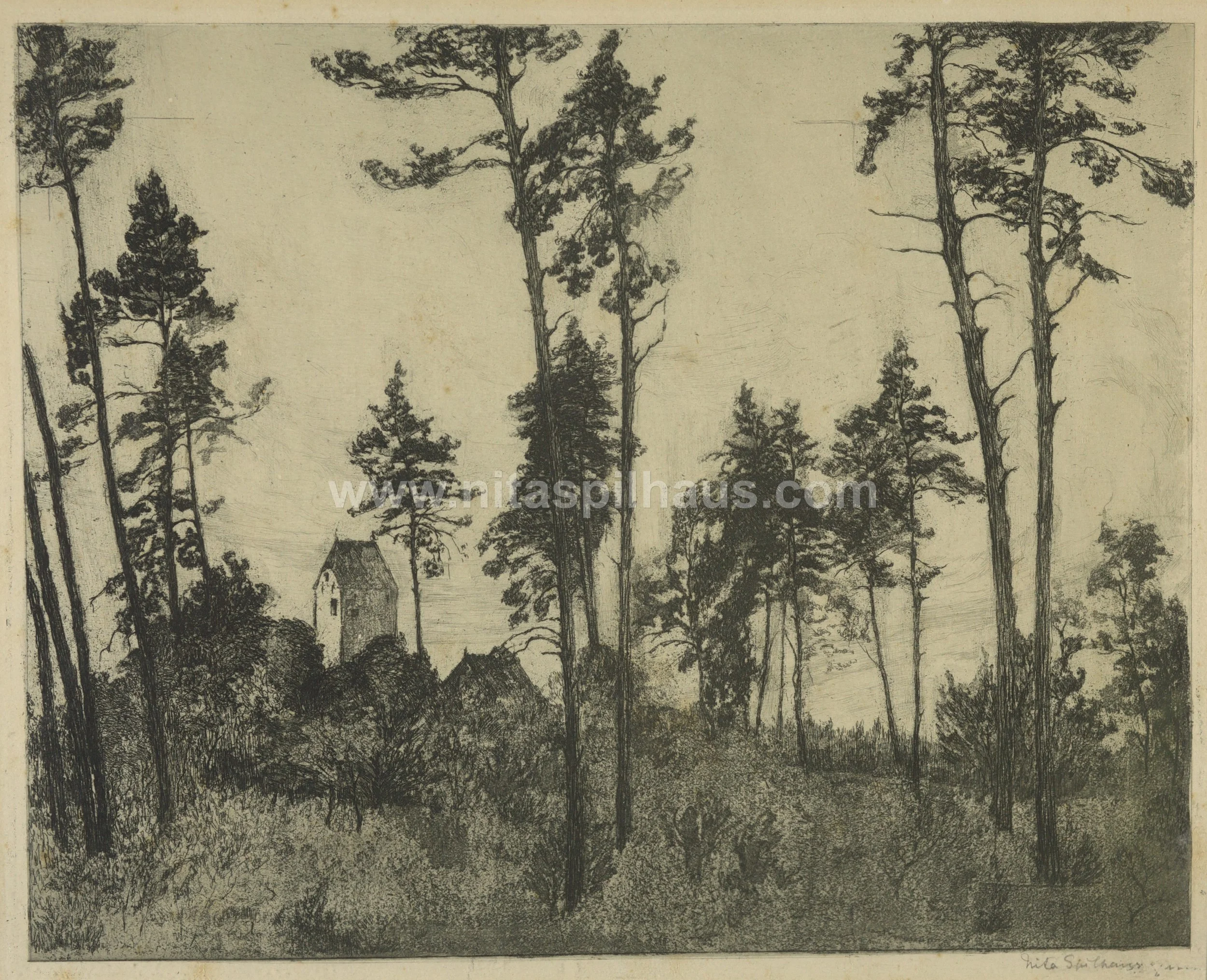 Trees and tower, etching, 22.9 x 28.9, Collector 36