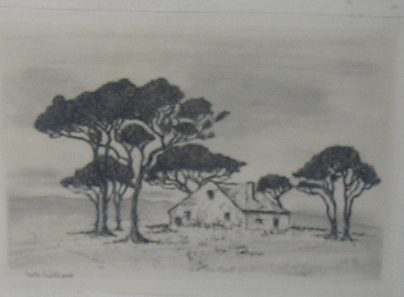 Cluster of fir trees encircling a farmhouse, etching, 8.5 x 3.5 cm, Collector 30
