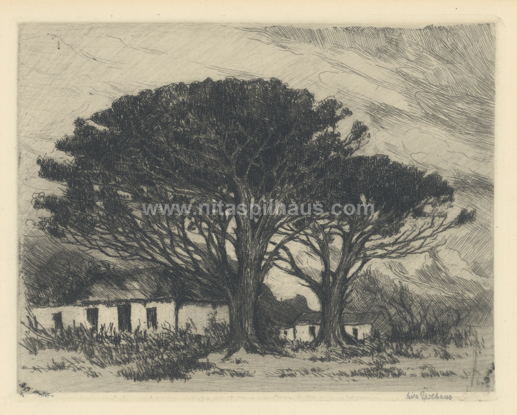 Farm Cottages and Trees, Etching, 13.6 x 17.5 cms, Collector 74