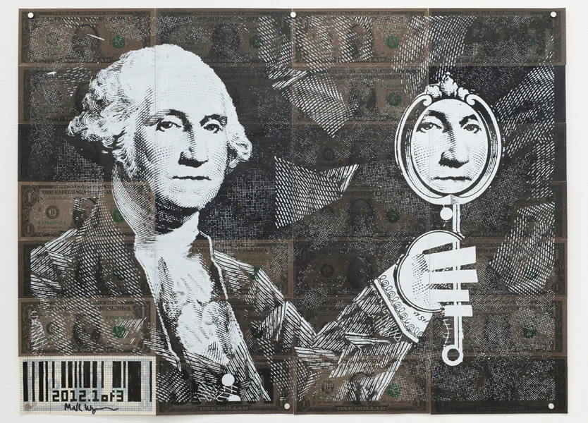   "Vanity" print. Relief, letterpress, silkscreen, and drawing on hinged dollar bills.  