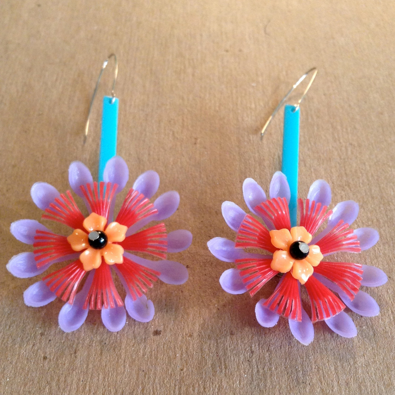 PLASTIC FLOWER EARRINGS blue lavender red & peach One of A Kind