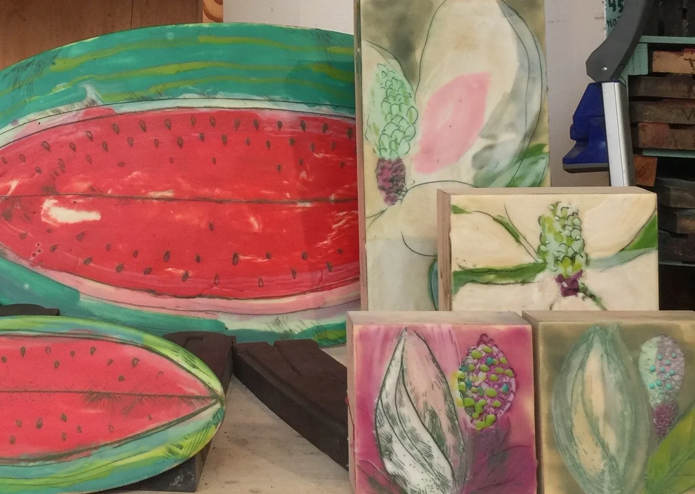 Watermelon and Magnolia collaboration by Peg Hambright & Julie Belcher - Works in Progress