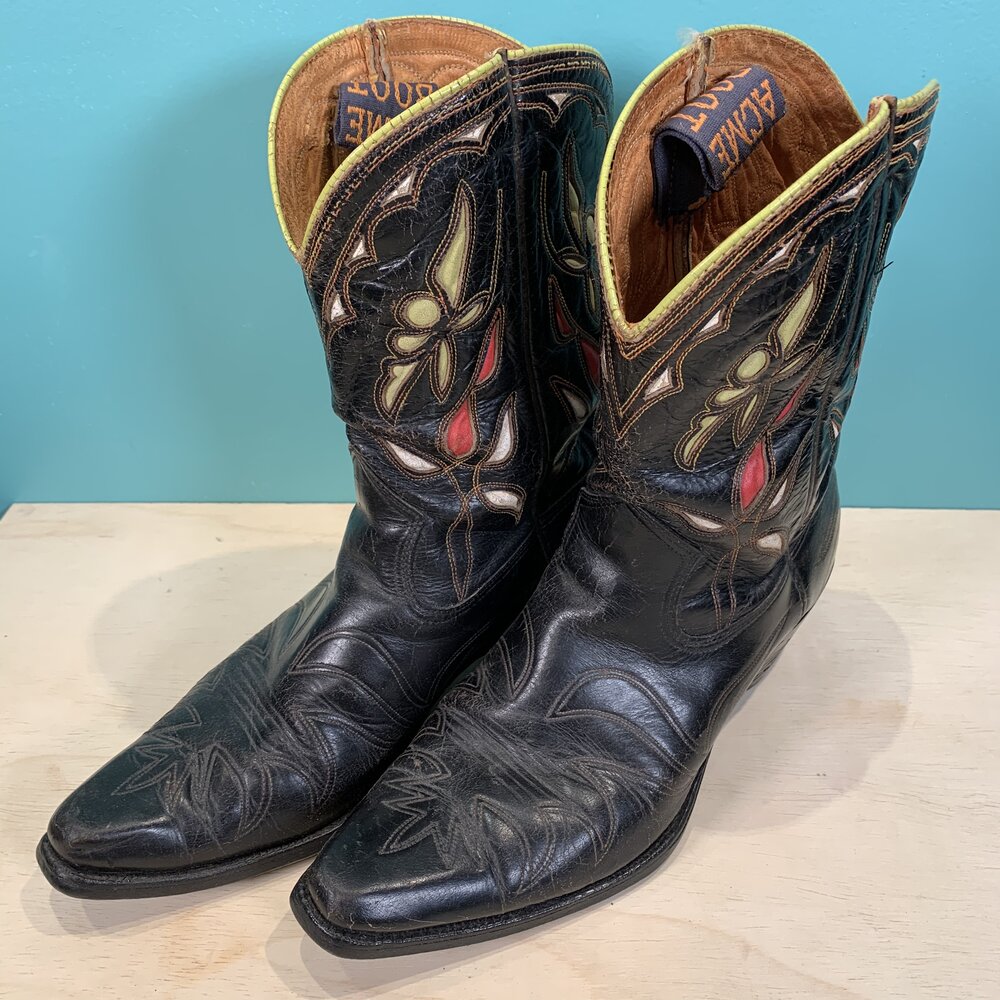 Vintage 1950s ACME Black Leather & Fancy Inlay Cowboy Boots