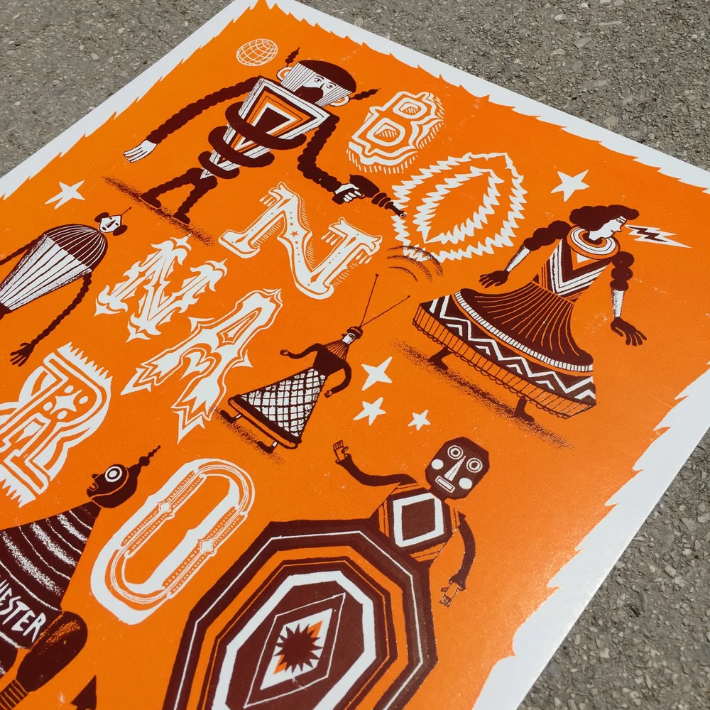 BONNAROO 2010 ORANGE Robots & Aliens Poster — Pioneer House