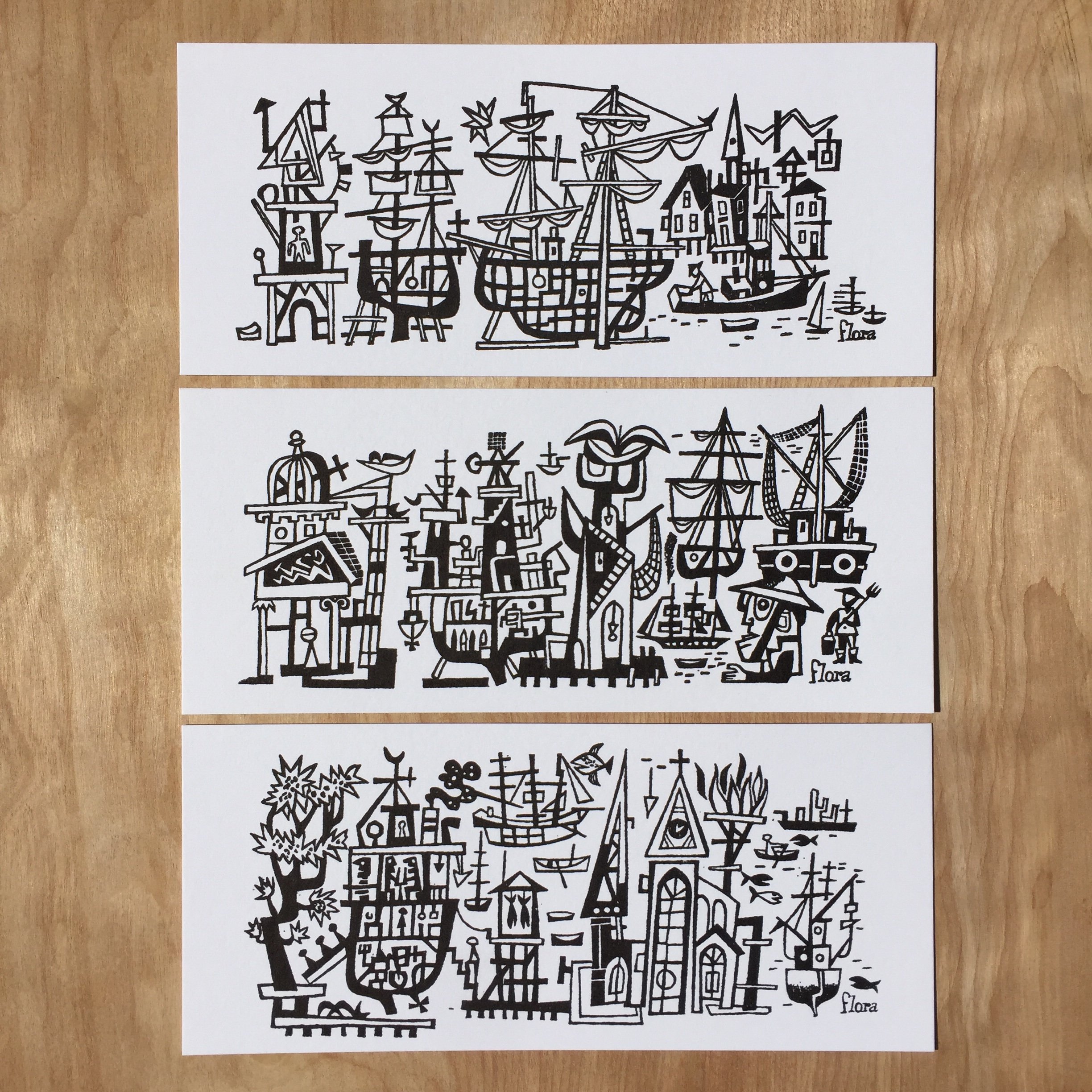 HARBOR SHIPS 3 Mini Prints by Jim Flora