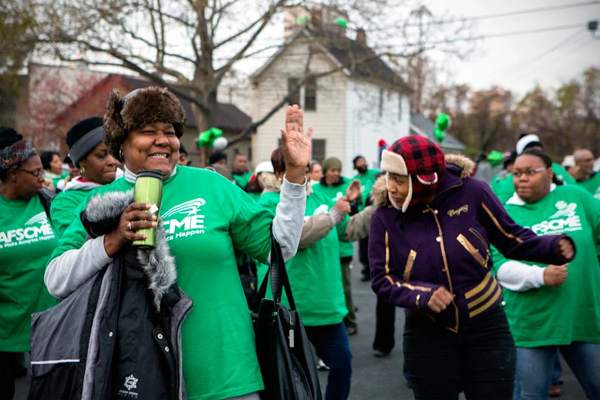 On the morning of the presidential election, members of AFSCME gather for their second annual “Wobble to the Poles” dance. November 2012 in Cleveland Ohio.