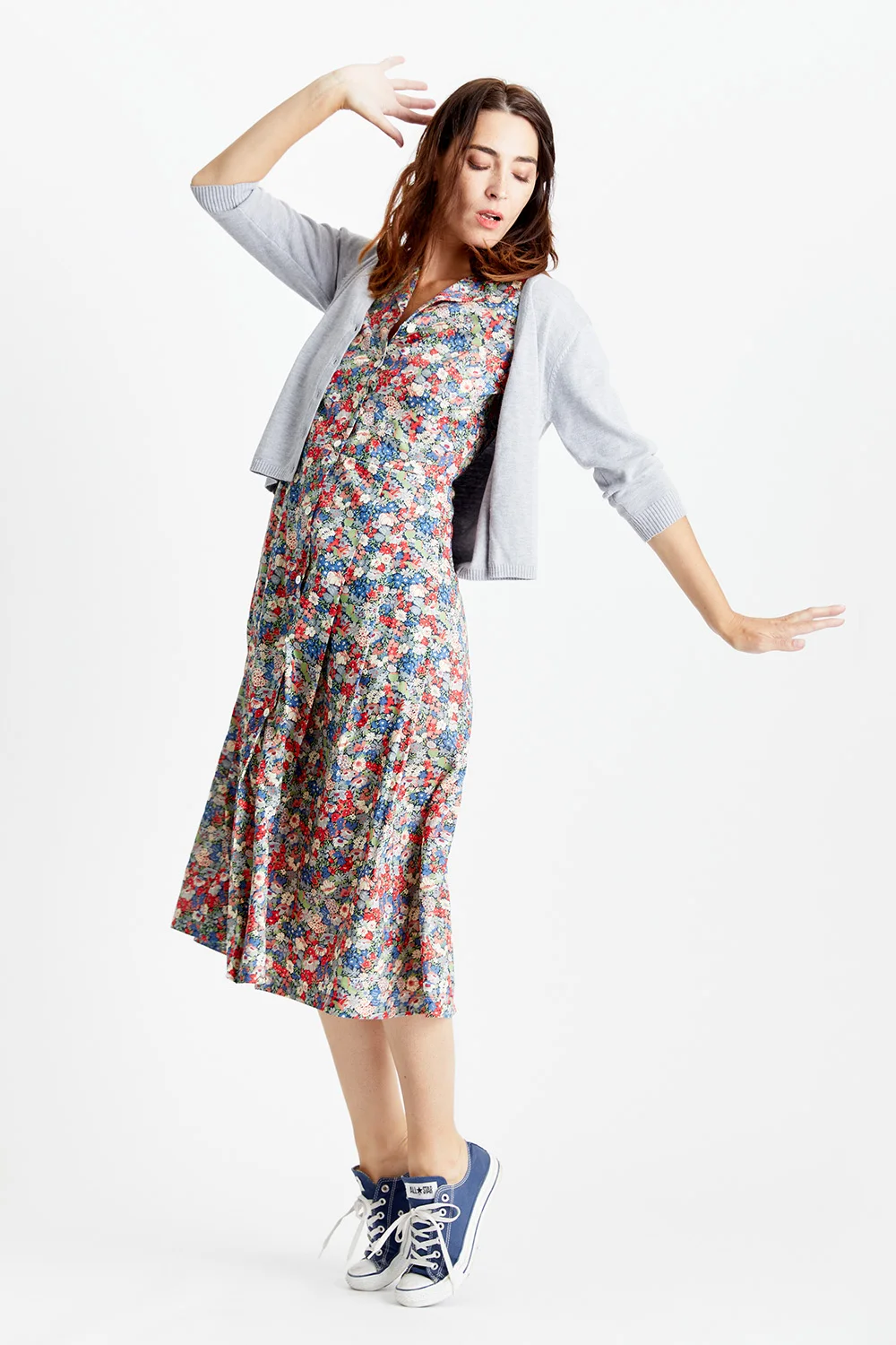 JANE DRESS in red Liberty, PERFECT CARDIGAN in pale grey
