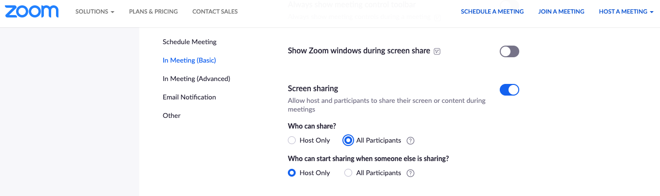 Zoom Settings Turn Off Screen Sharing