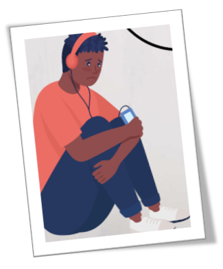 Cartoon of a young Black man sitting on the ground hugging his knees. He looks upset. He is holding a phone and wearing headphones.