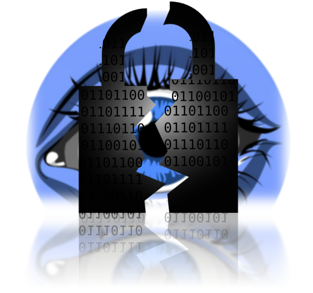 Graphic of a broken lock with 0s and 1s overlaid on top of it. There is a large blue eye rising in the background, peering through the break in the lock. Underneath there is a reflection with the lock nearly transparent and the digits more visible.