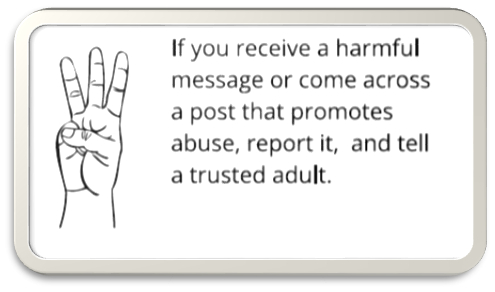  If you receive a harmful message or come across a post that promotes abuse, report it, and tell a trusted adult. 