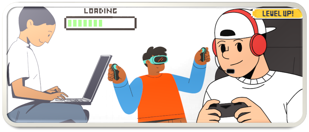 An olive-skinned boy types on a laptop with a "loading" bar above him. A dark-skinned boy uses virtual reality controls. a light-skinned boy uses a gaming headset and control with "Level up!" above him.