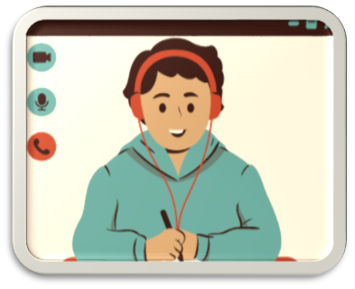 Dibujo animado de una pantalla con botones para silenciar la cámara, silenciar el micrófono y realizar llamadas. En la pantalla, un chico con una sudadera con capucha lleva auriculares y escribe en un papel.