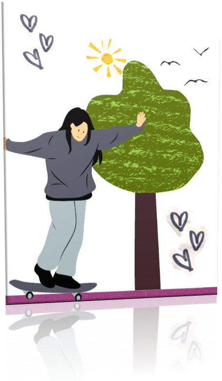 Ilustración de un joven de pelo largo con sudadera ancha patinando cerca de un árbol, con su reflejo a la vista. Arriba hay pájaros, corazones, y el sol.
